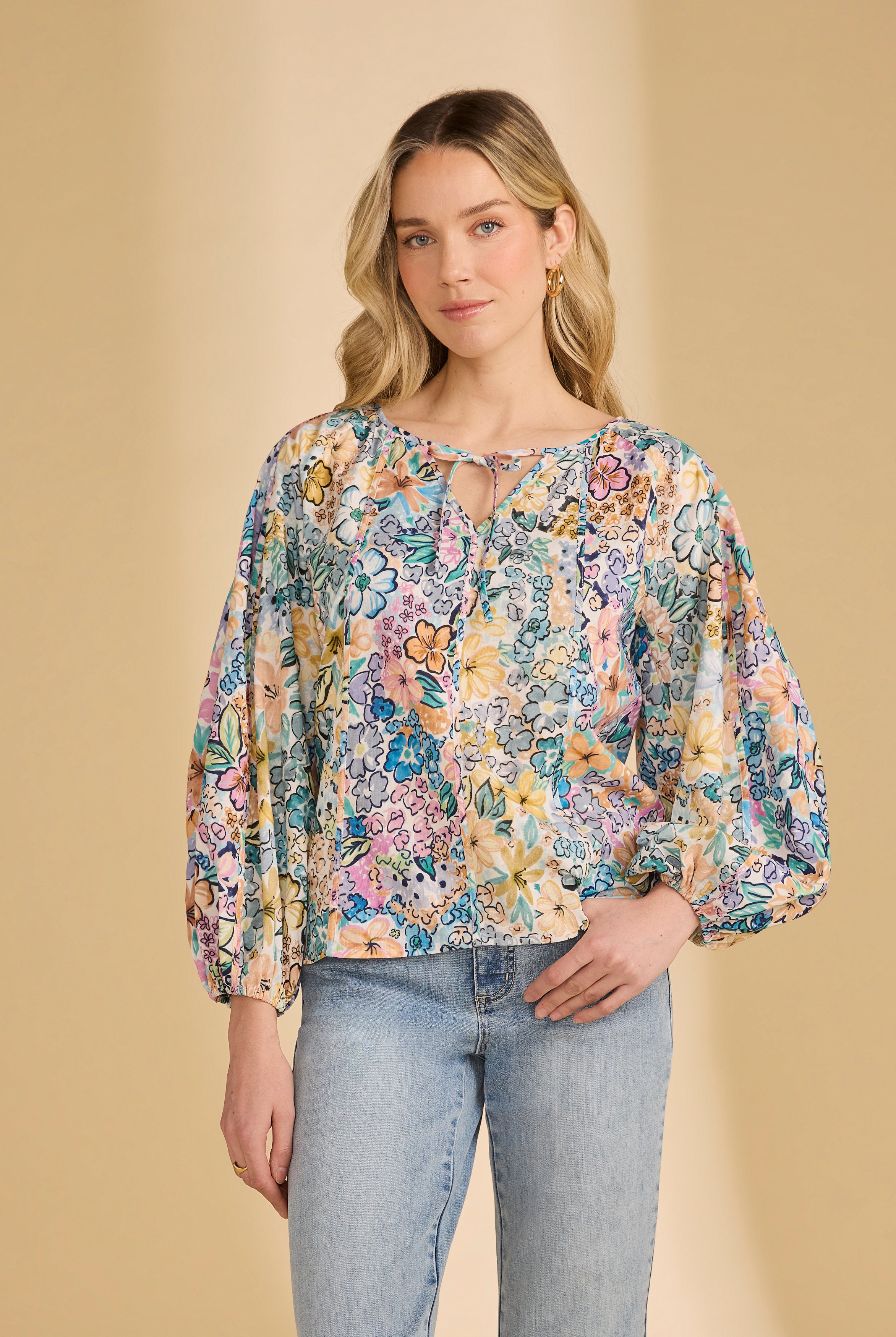Front view of Ambush Floral blouse highlighting V-neck and balloon sleeves by French Dressing Jeans (FDJ)
