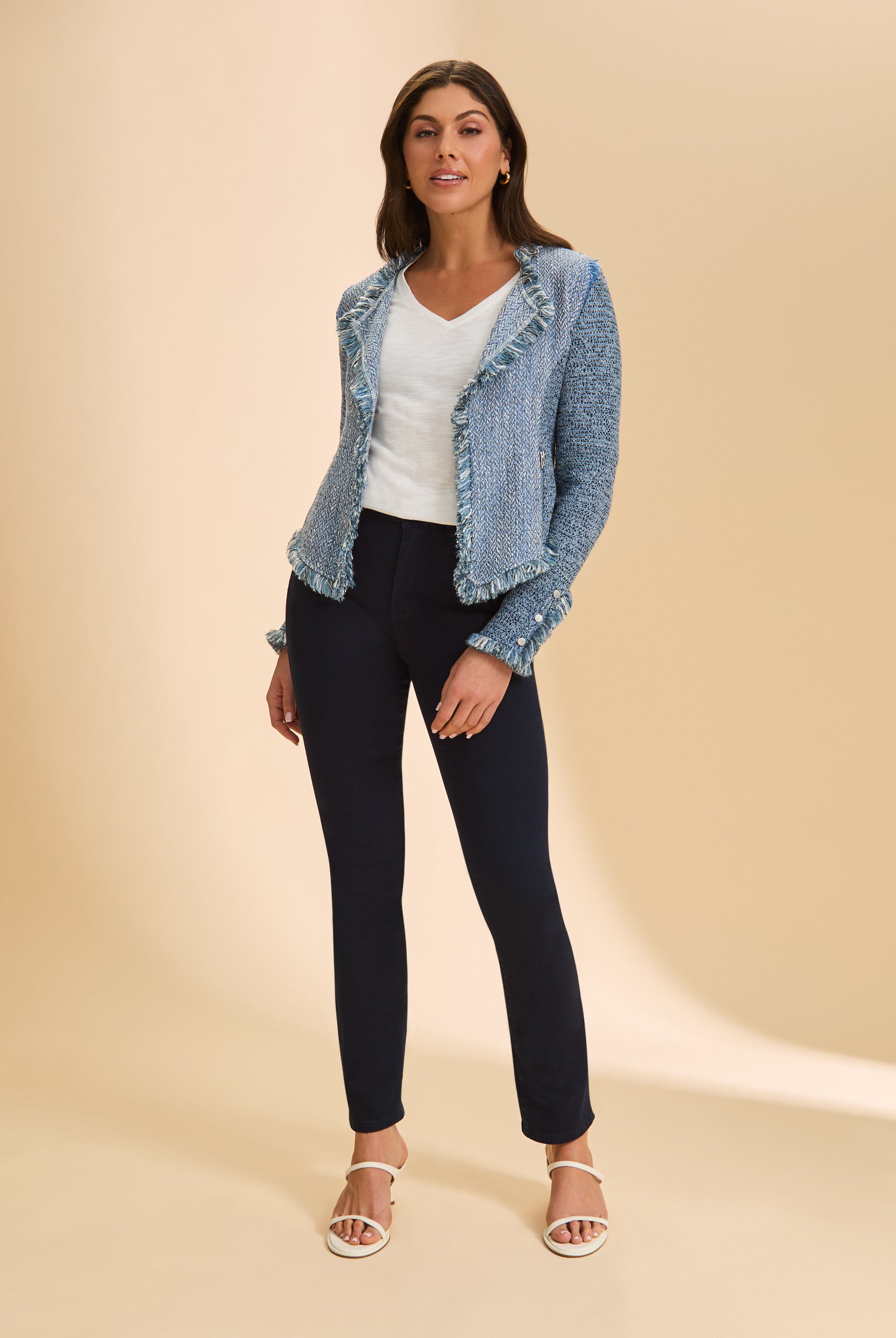 Full body view of tweed jacket paired with black pants and heels by French Dressing Jeans (FDJ)