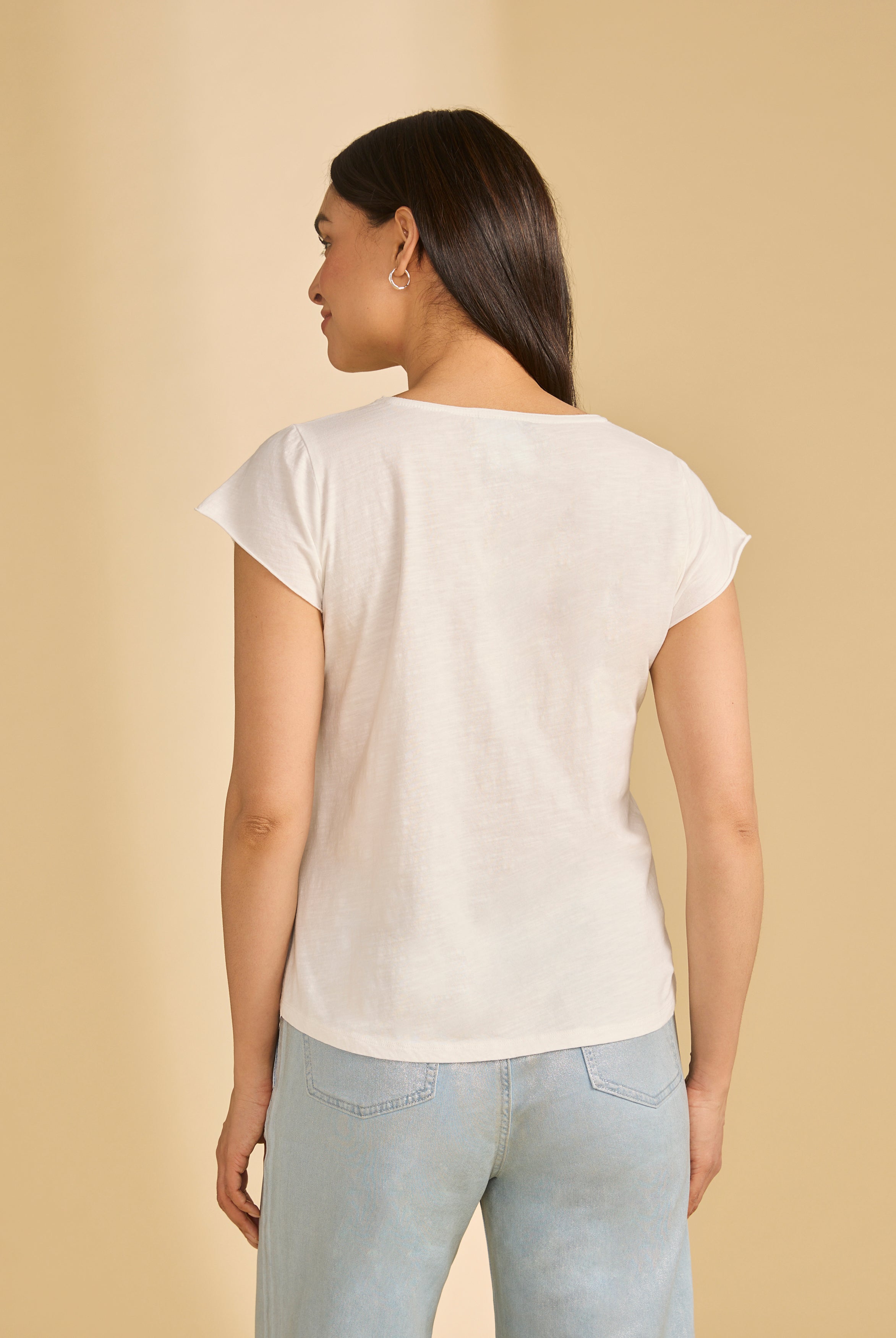 Back view of Rainbow Hibiscus top showing plain design and relaxed fit by French Dressing Jeans (FDJ)