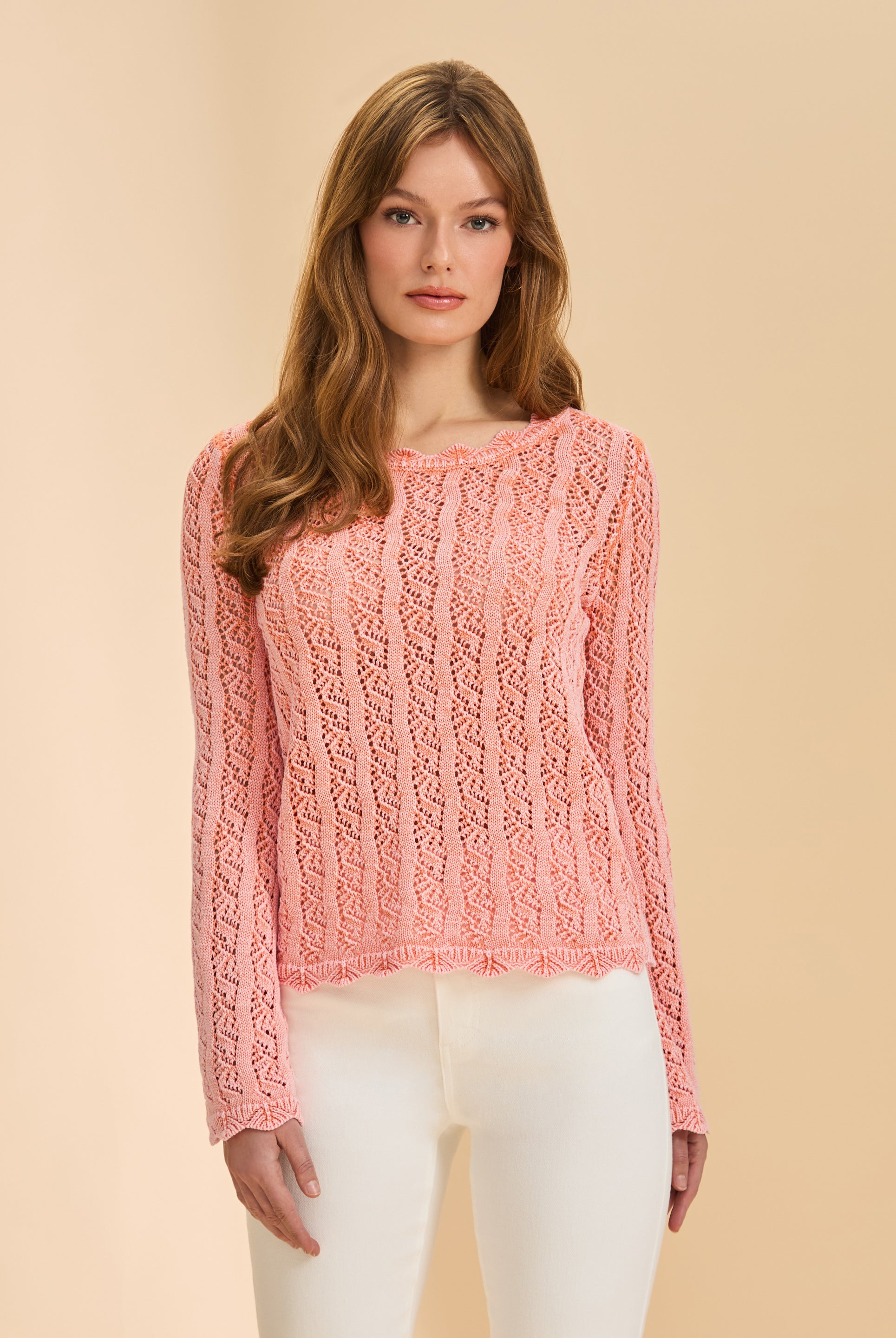 Front view of pink lace sweater with long sleeves by French Dressing Jeans (FDJ)