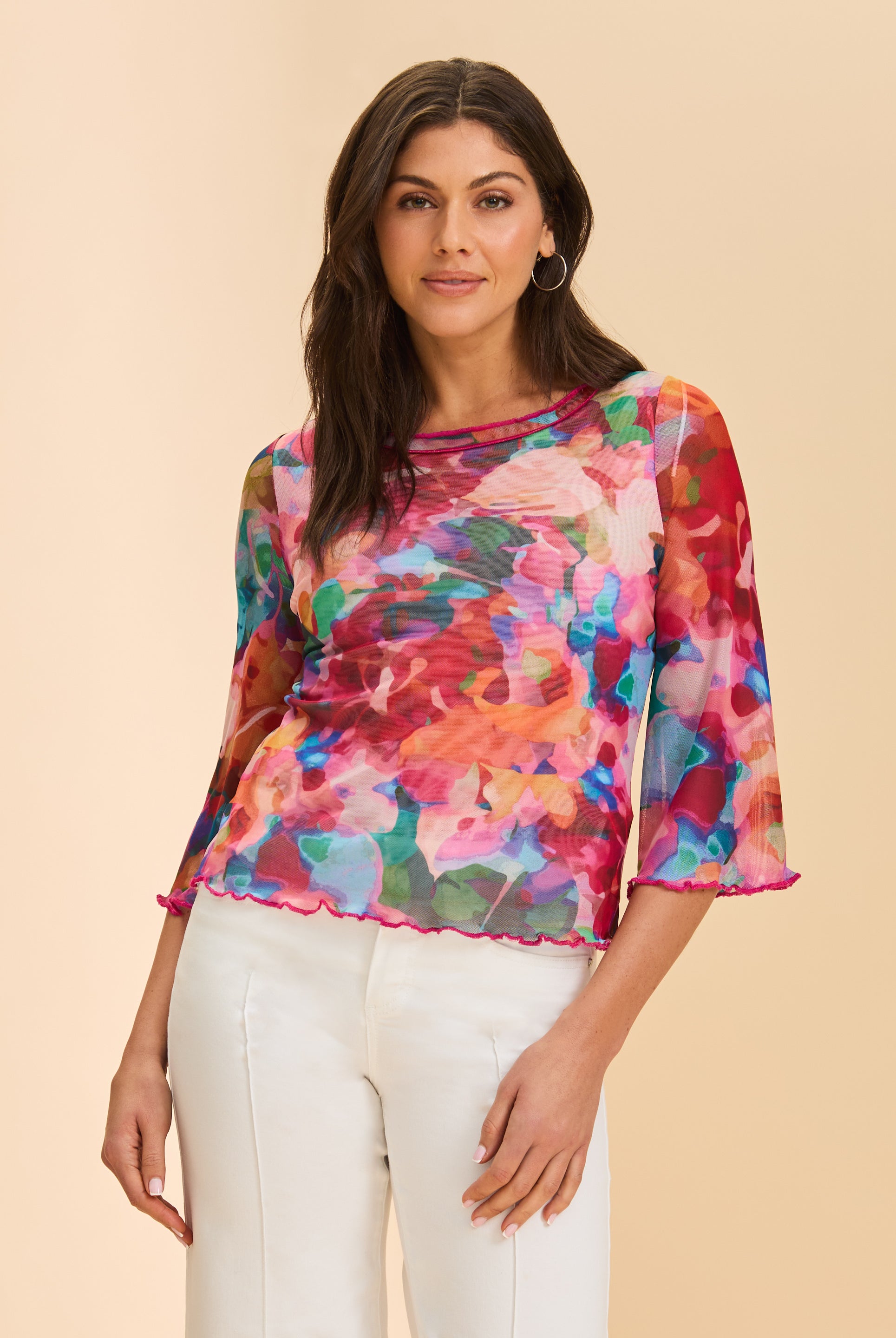 Front view of colorful sheer top with floral print and three-quarter sleeves by French Dressing Jeans (FDJ)
