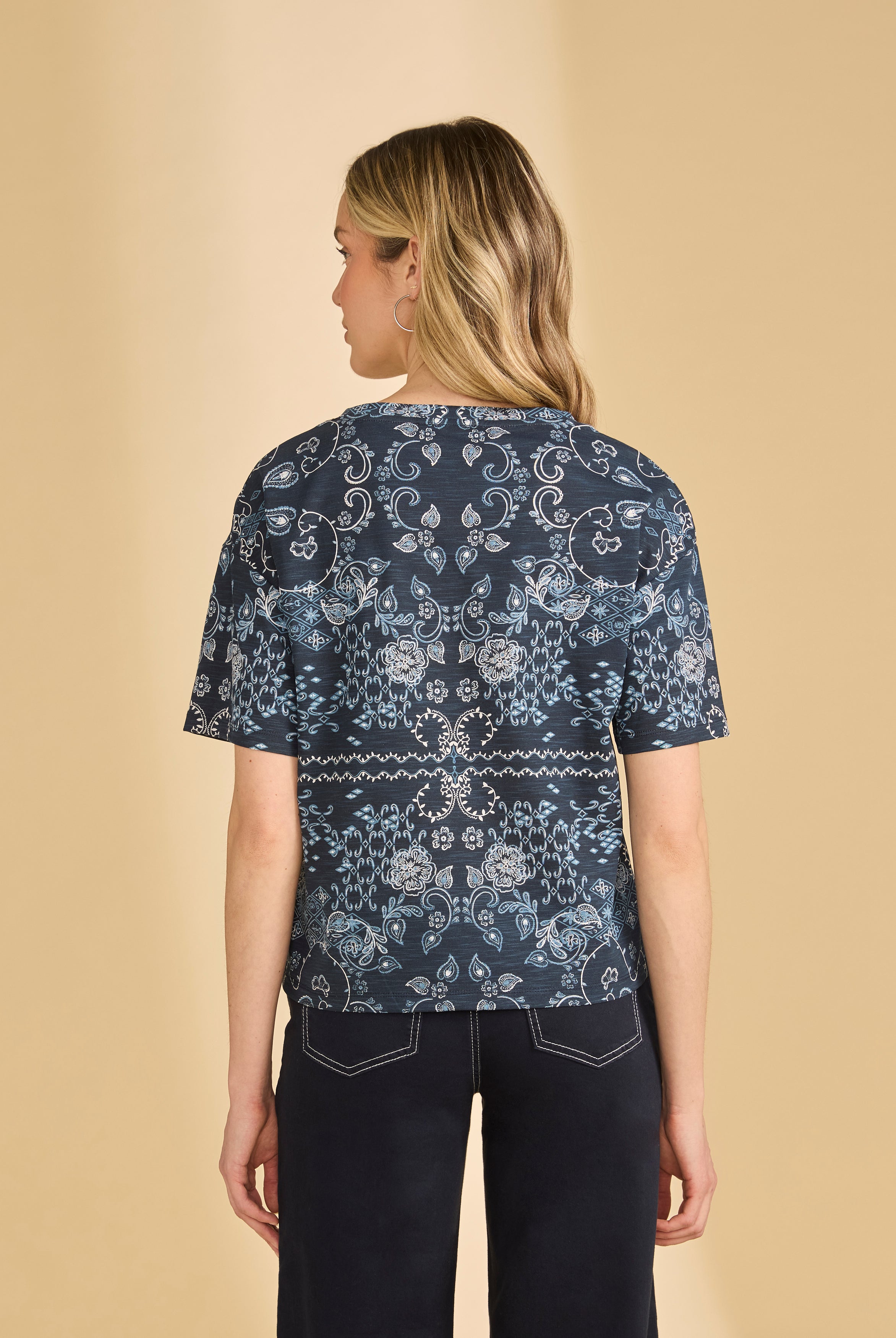 Back view of blue Polynesian block print top highlighting detailed pattern and relaxed fit by French Dressing Jeans (FDJ)