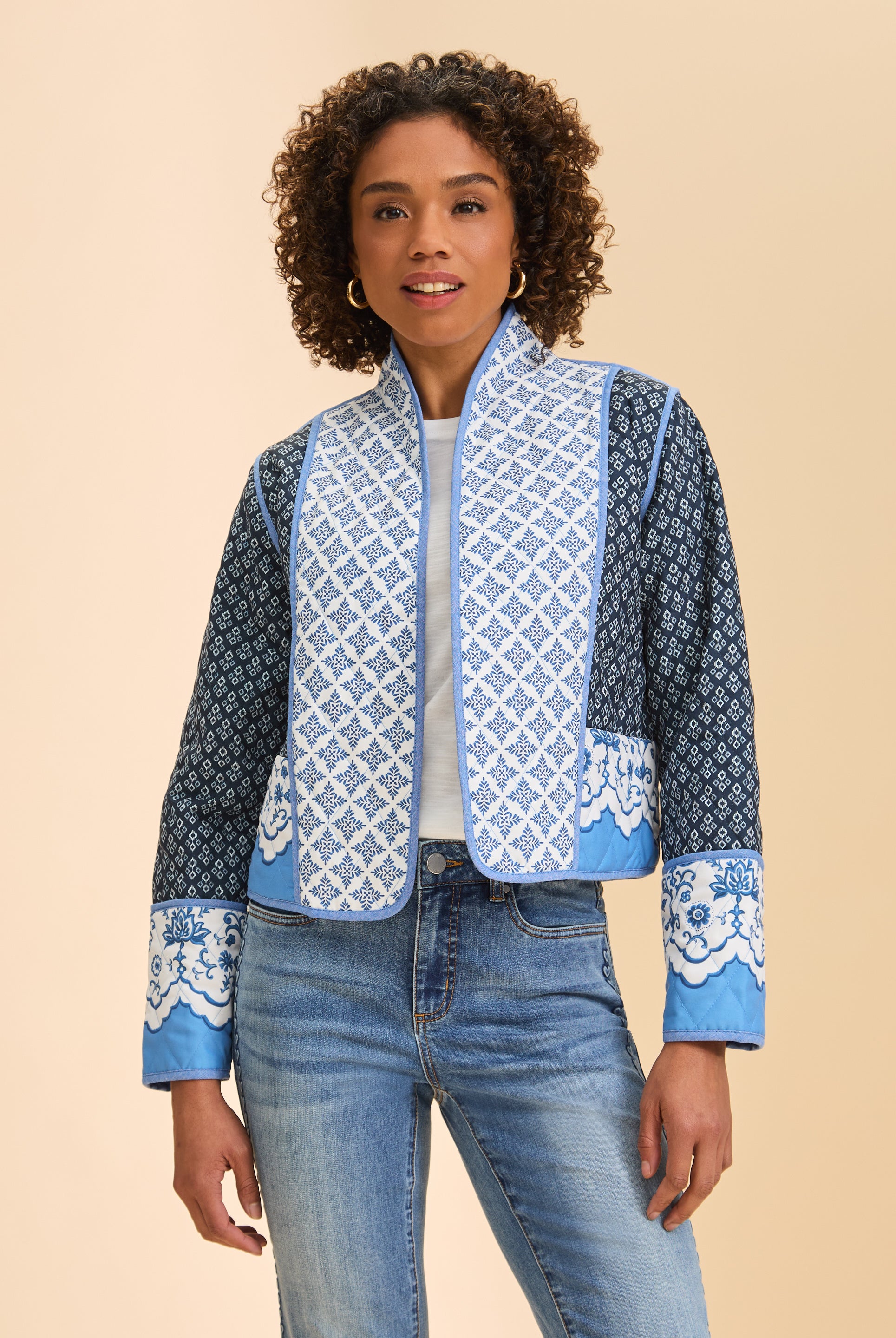 Front view of quilted jacket with contrasting blue patterns and open front by French Dressing Jeans (FDJ)