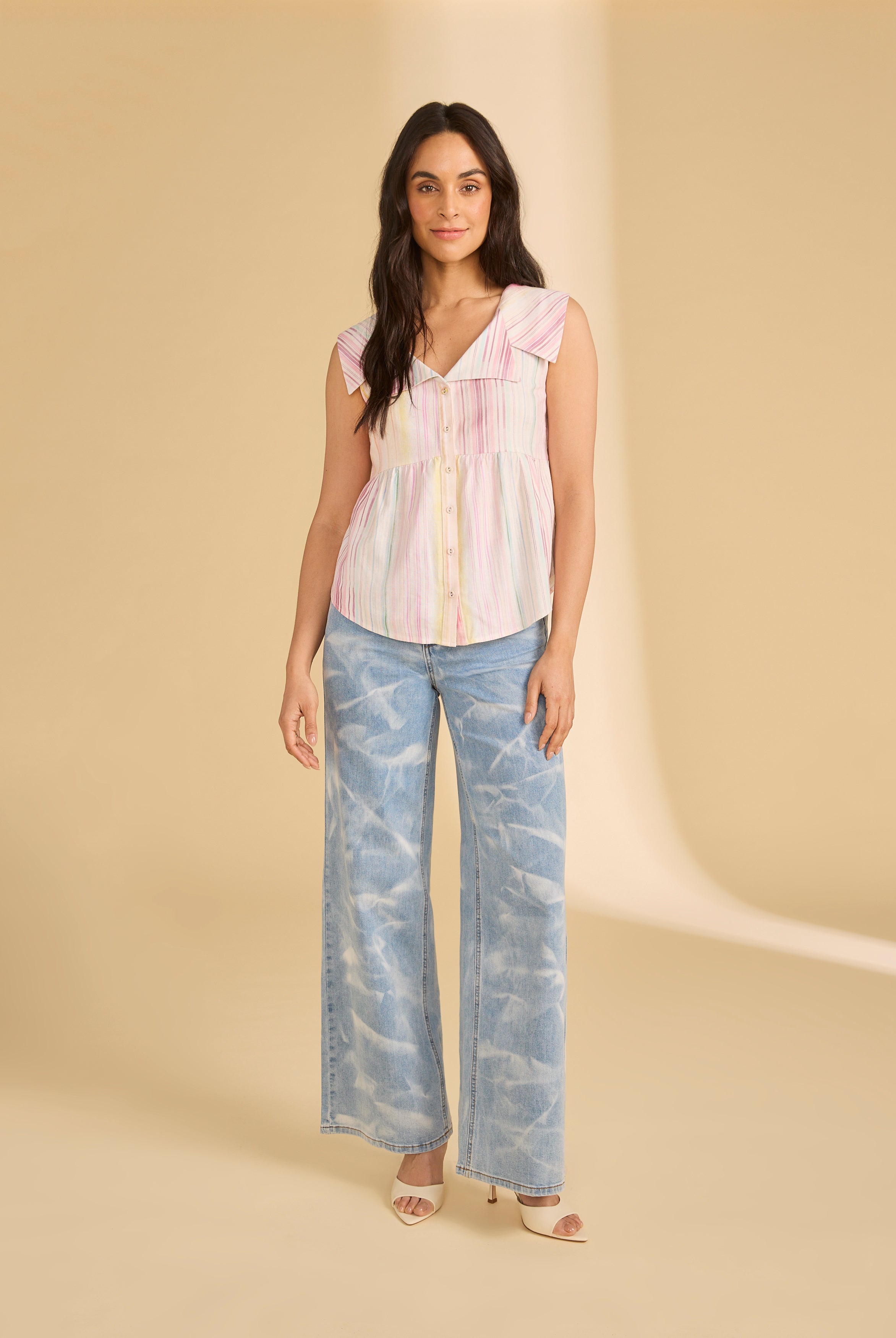 Full view of Spritz Stripes printed shirt paired with wide-leg jeans by French Dressing Jeans (FDJ)