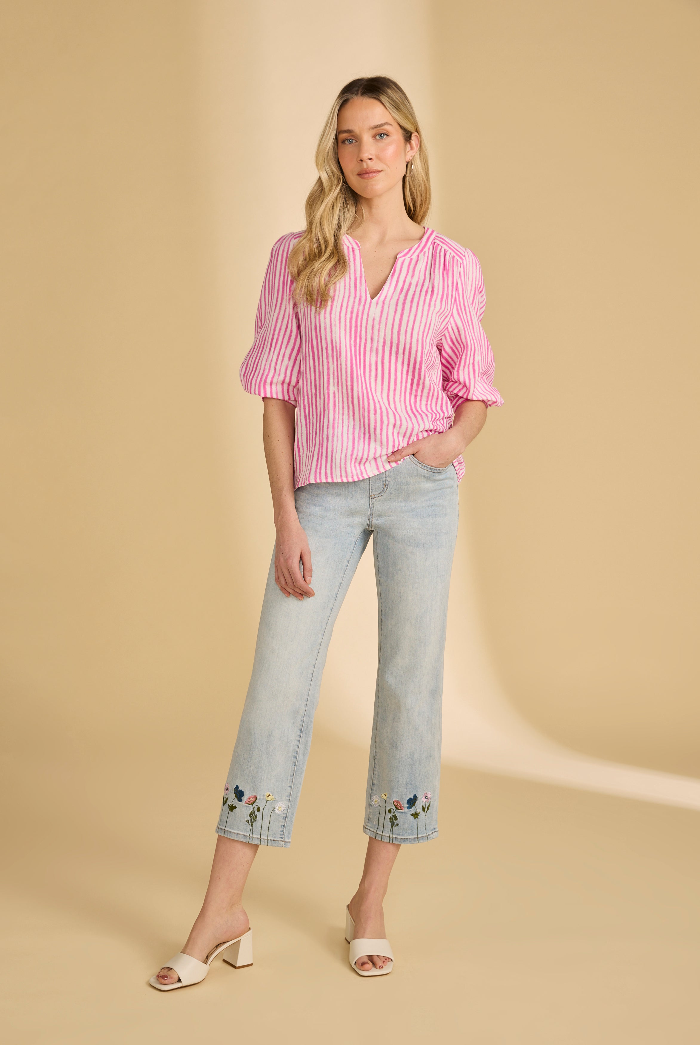 Full look of pink striped blouse with jeans, showing casual elegance by French Dressing Jeans (FDJ)