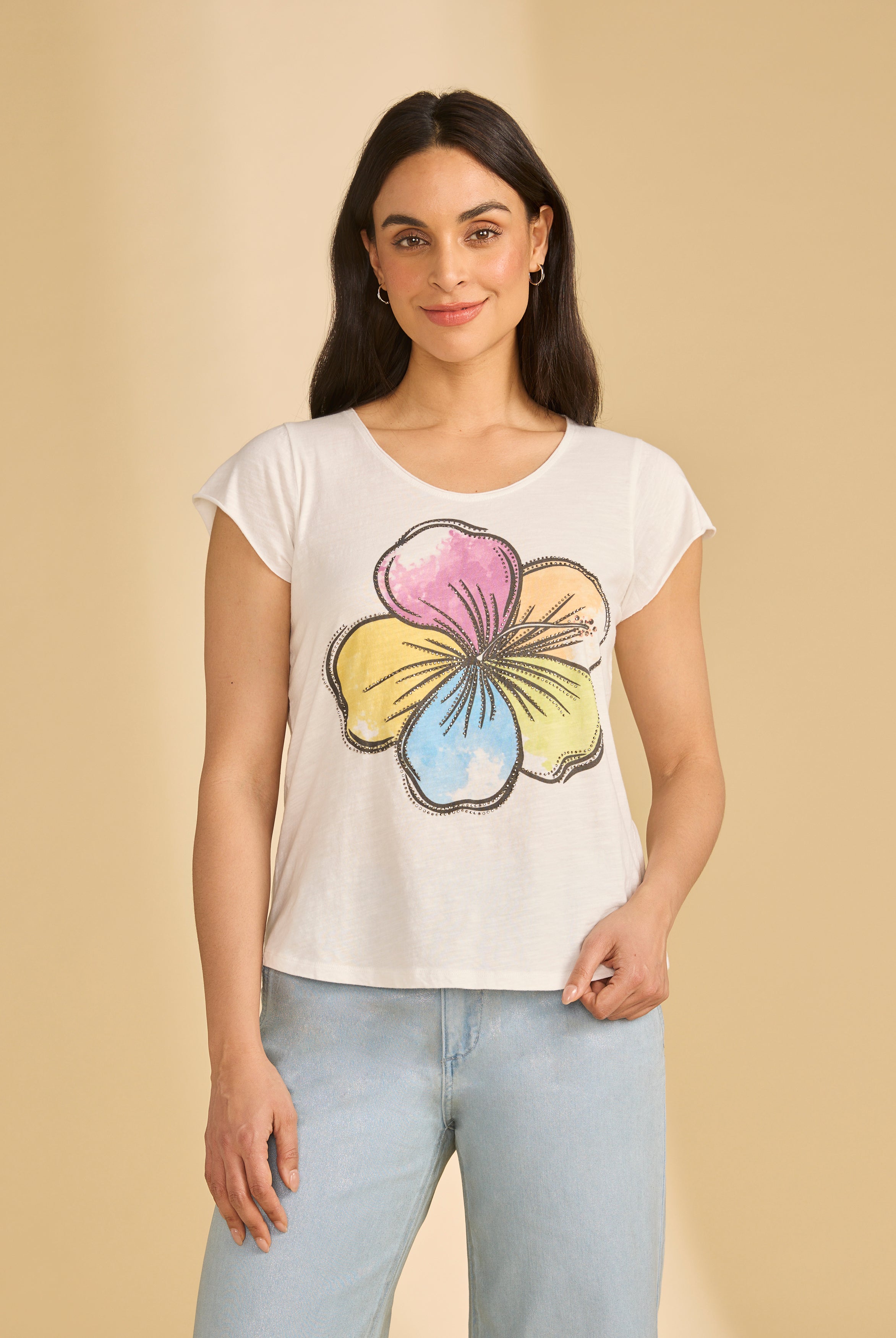 Front view of short sleeve top in Rainbow Hibiscus, featuring a scoop neck and large floral print by French Dressing Jeans (FDJ)