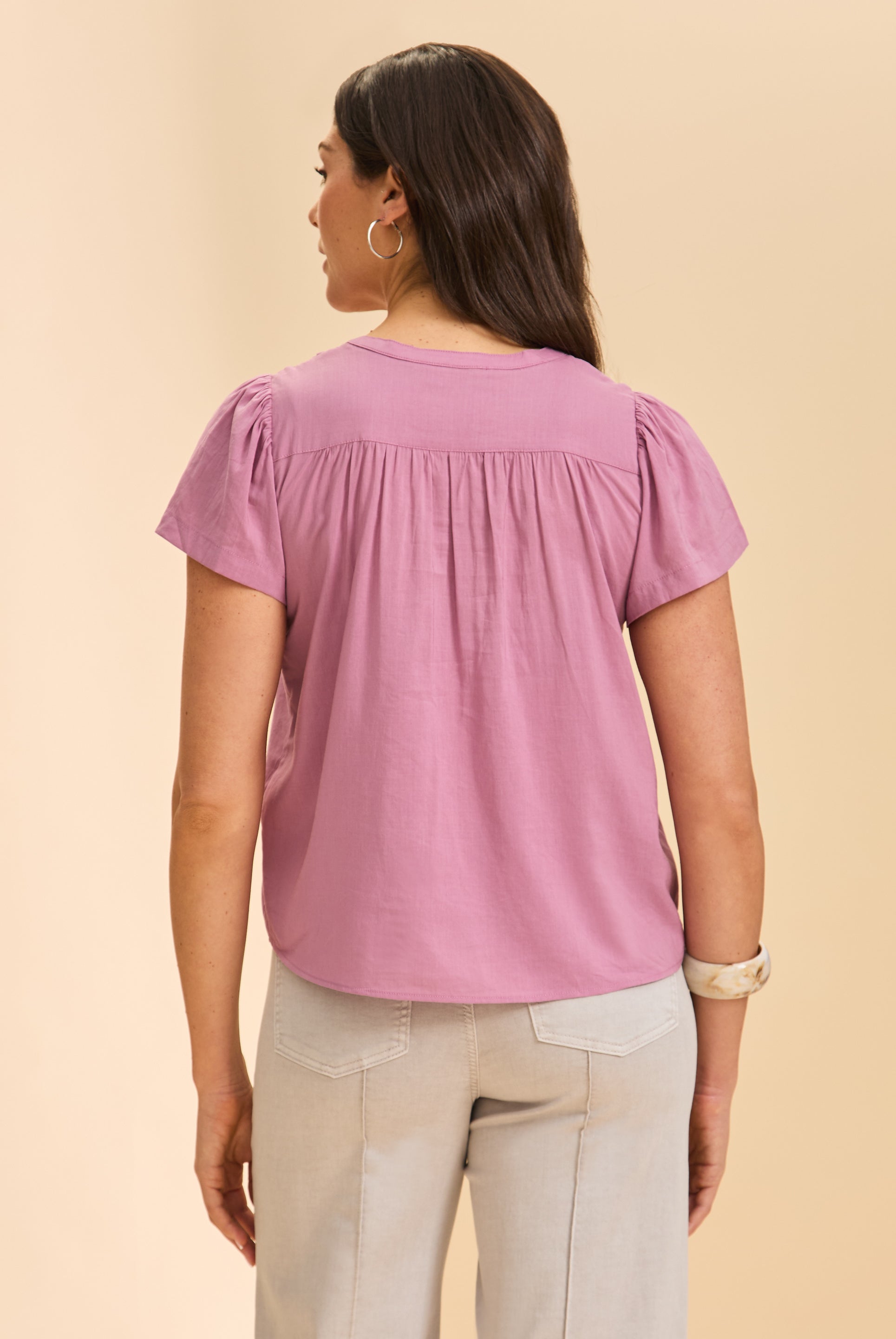 Back view of lavender short-sleeve top highlighting gathered yoke by French Dressing Jeans (FDJ)