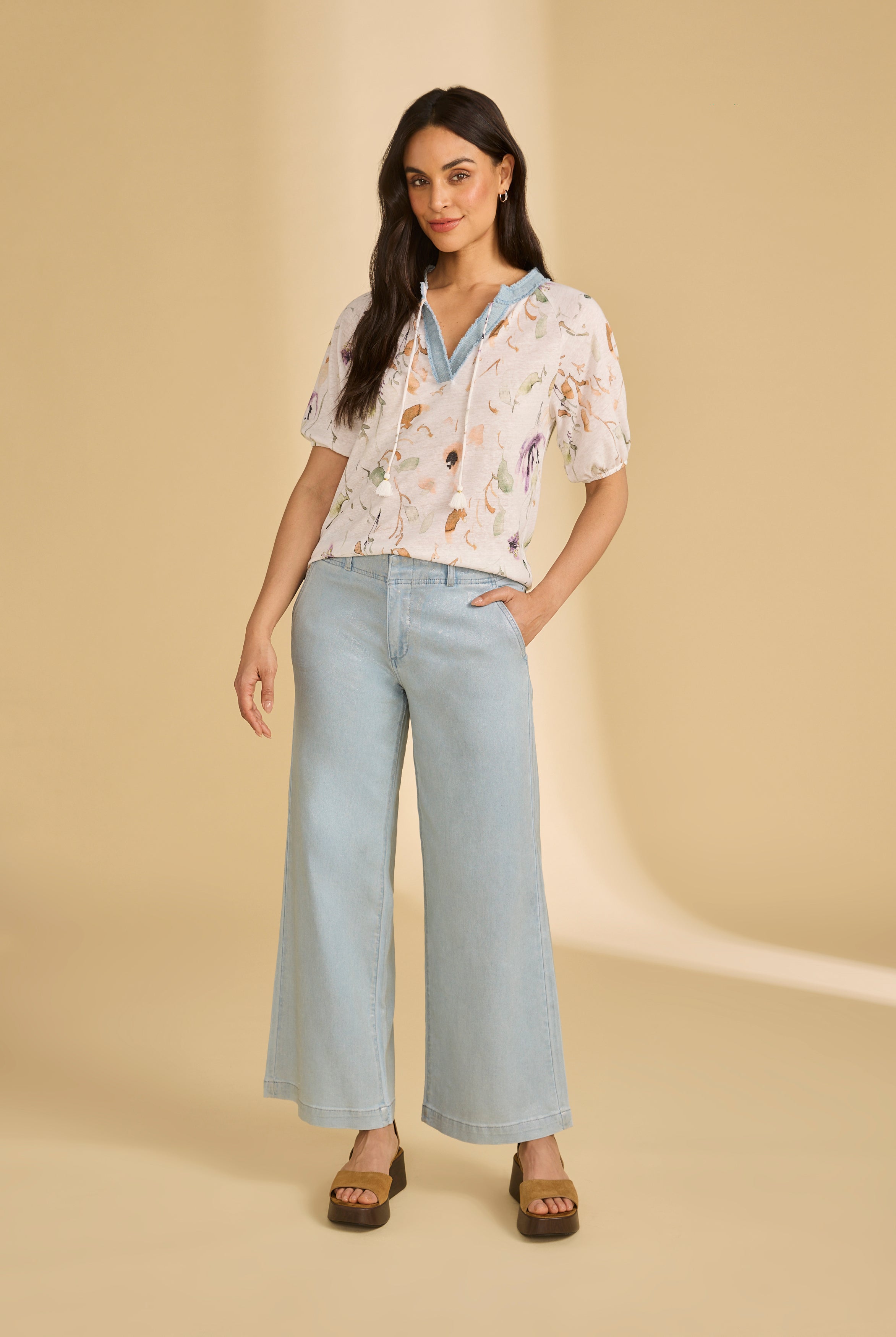 Full front outfit view with lime Christina trousers by French Dressing Jeans (FDJ)