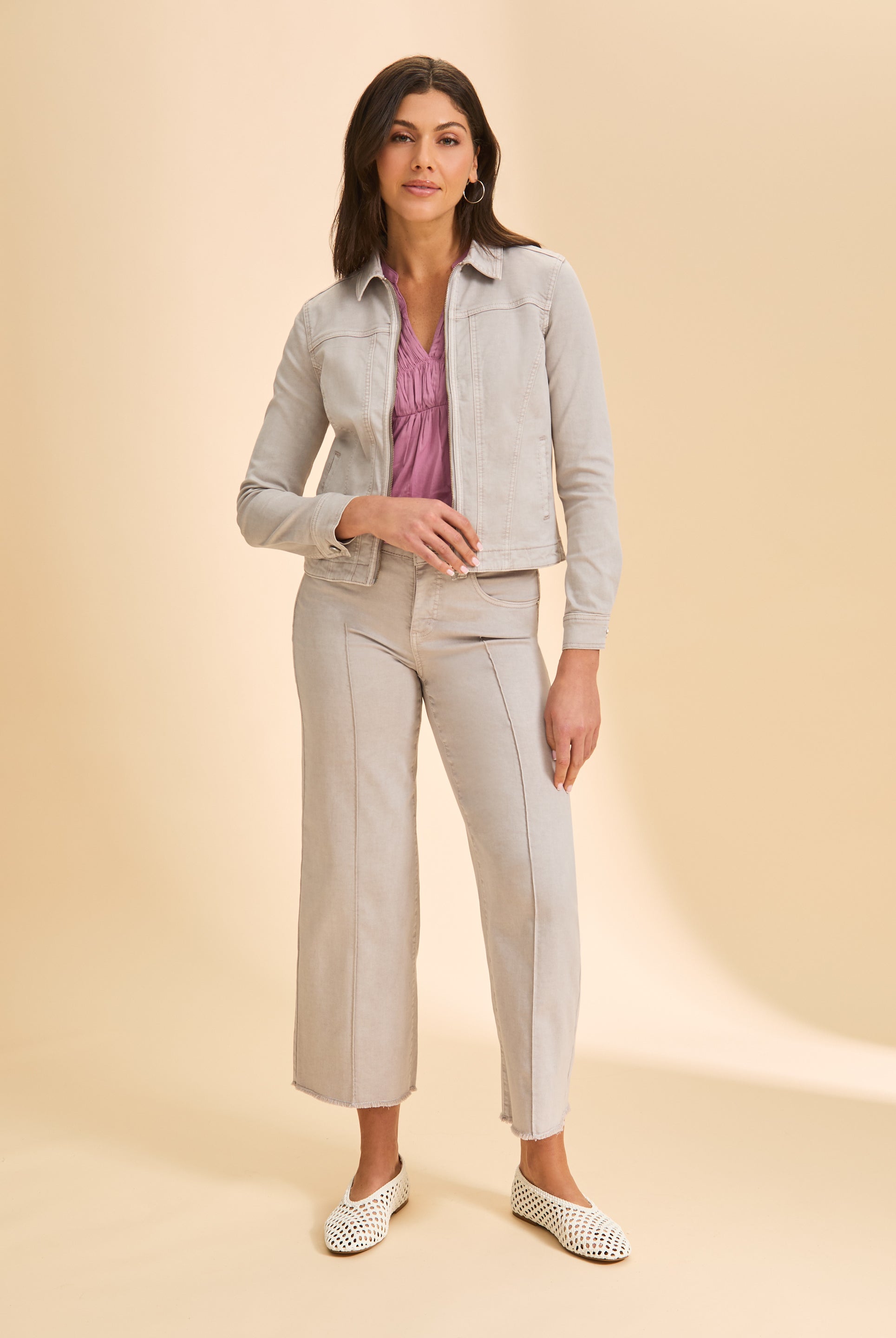 Taupe jacket styled with pink top and pants by French Dressing Jeans (FDJ)