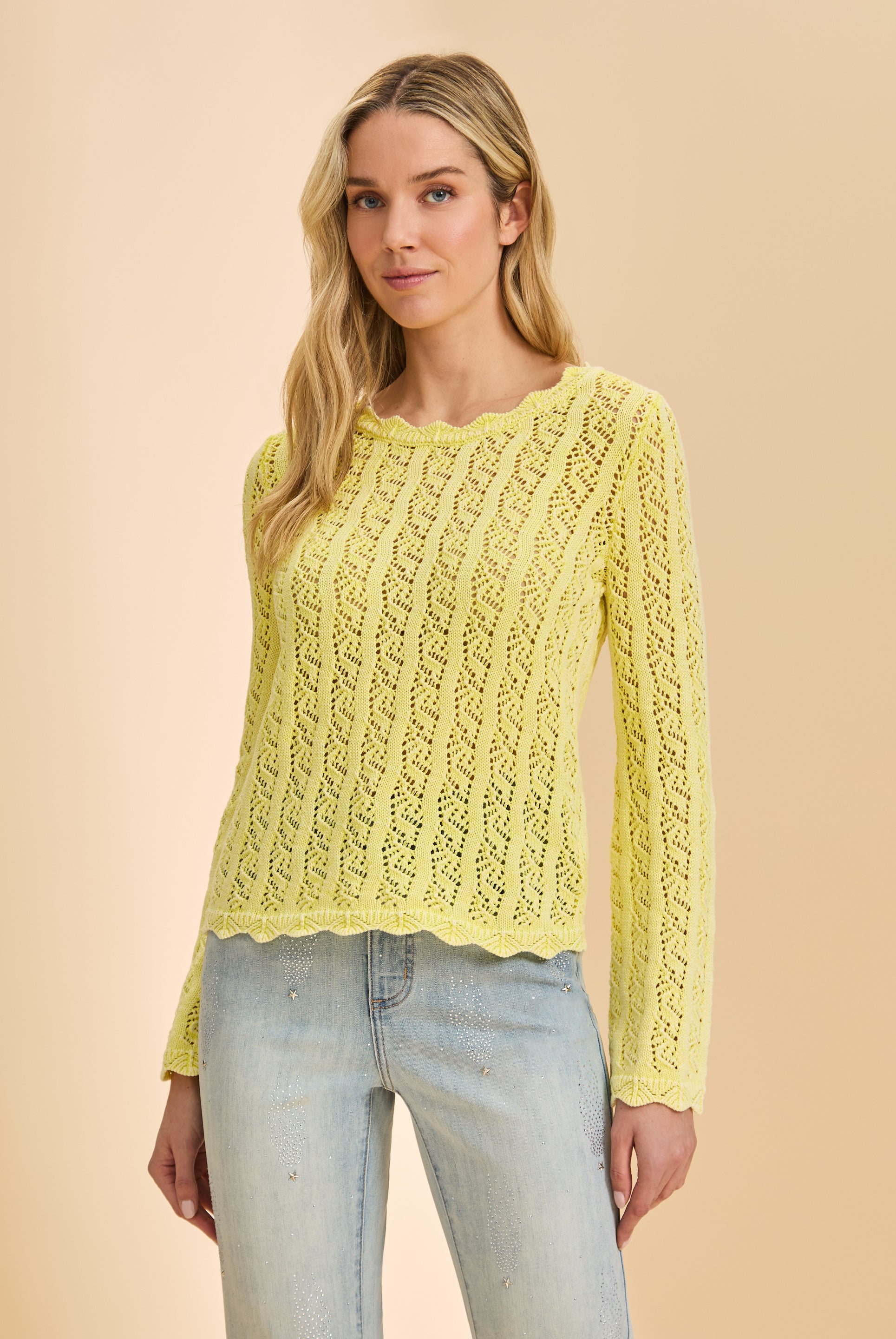 Front view of yellow lace sweater with long sleeves by French Dressing Jeans (FDJ)