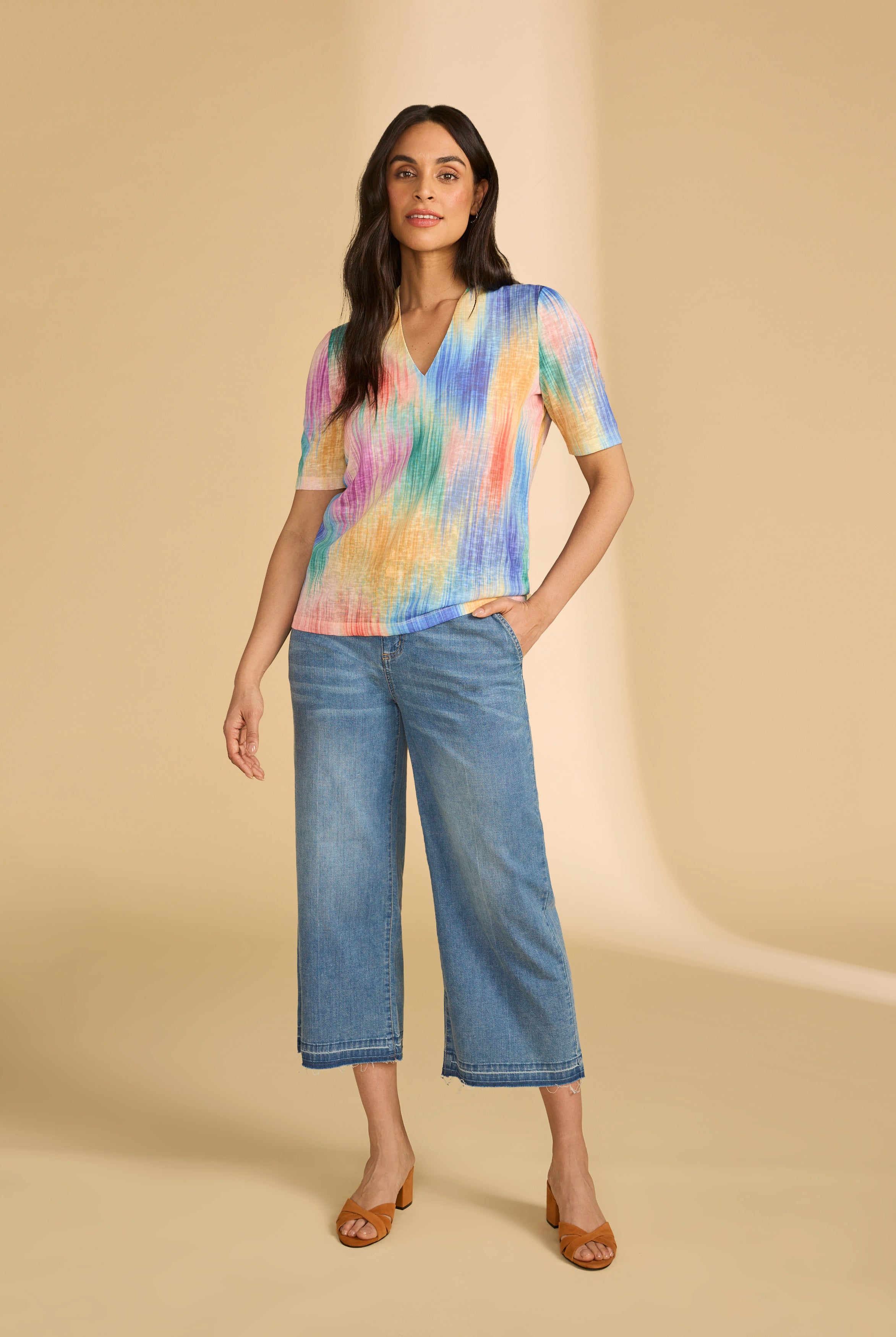 Full view of Tropical Ikat top paired with jeans, highlighting casual style by French Dressing Jeans (FDJ)