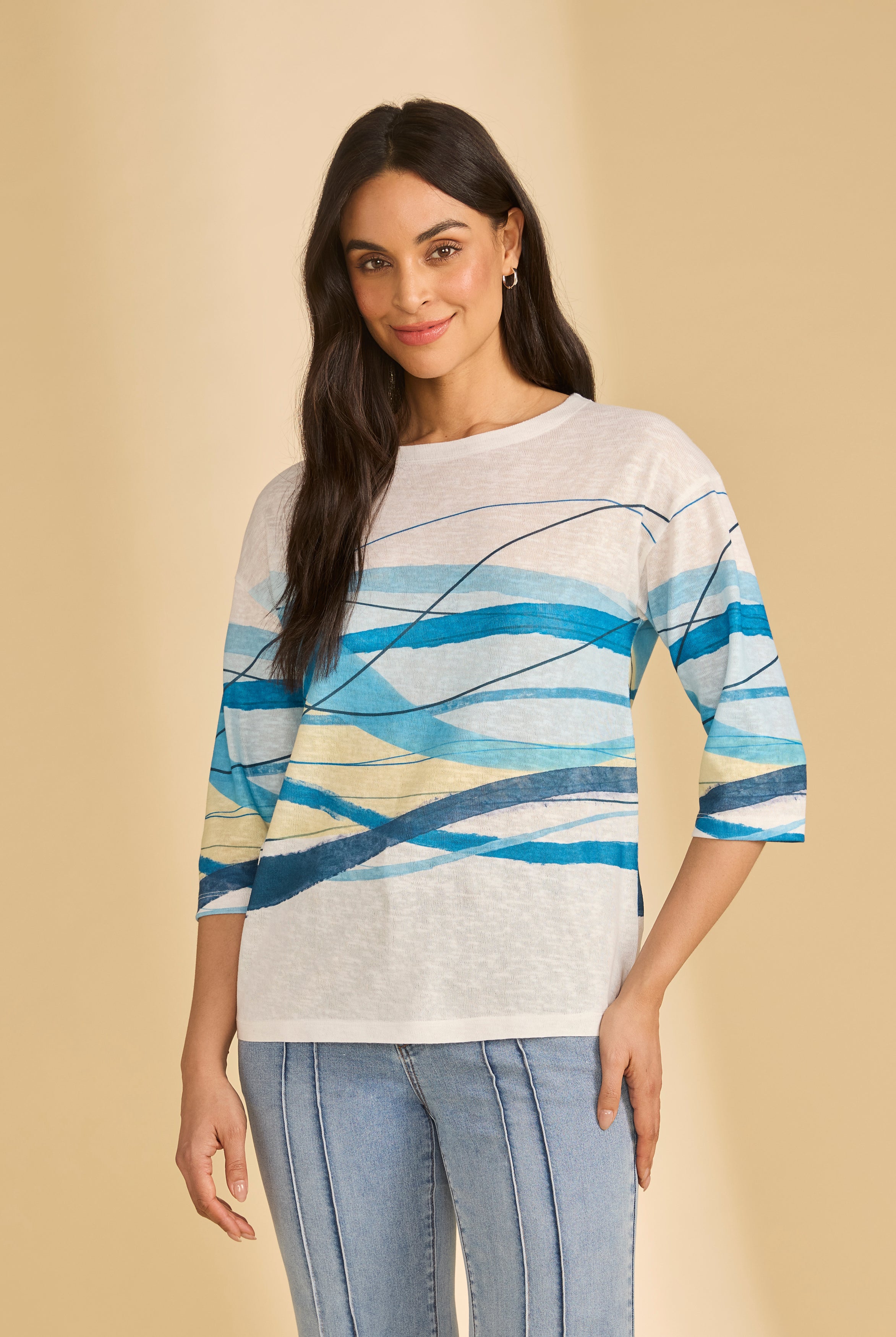 Front view of white top with blue wave patterns and 3/4 sleeves by French Dressing Jeans (FDJ)