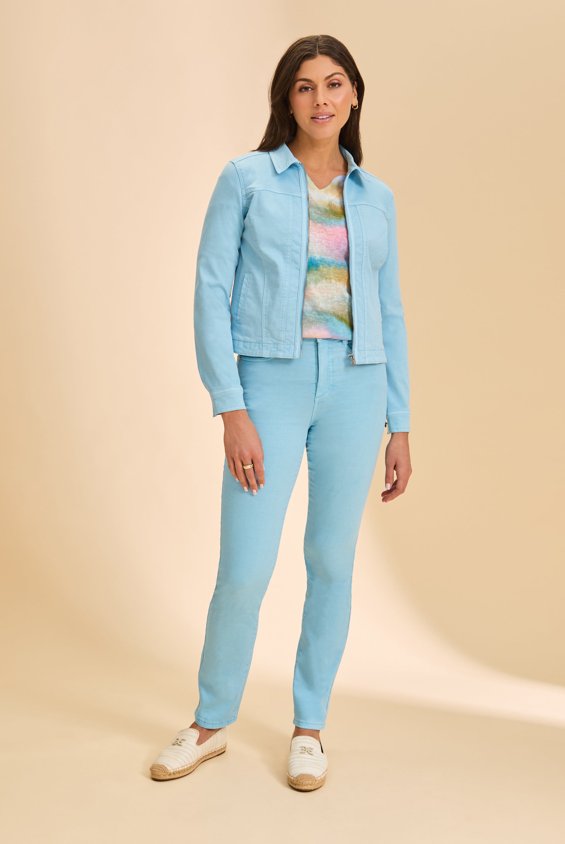 Full view of Pacific Blue jacket styled with matching pants by French Dressing Jeans (FDJ)
