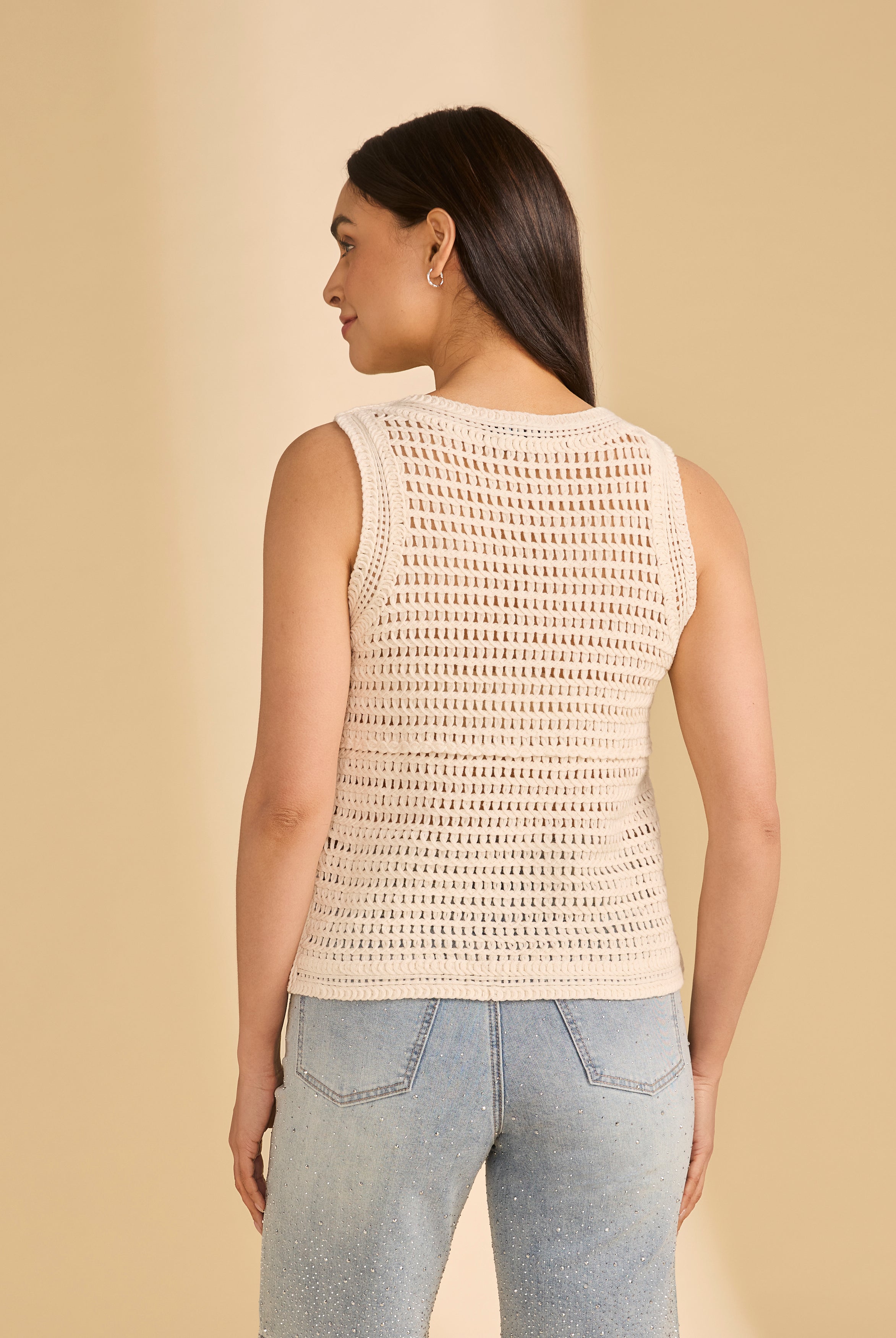 Back view of cream crochet tank featuring open knit design by French Dressing Jeans (FDJ)