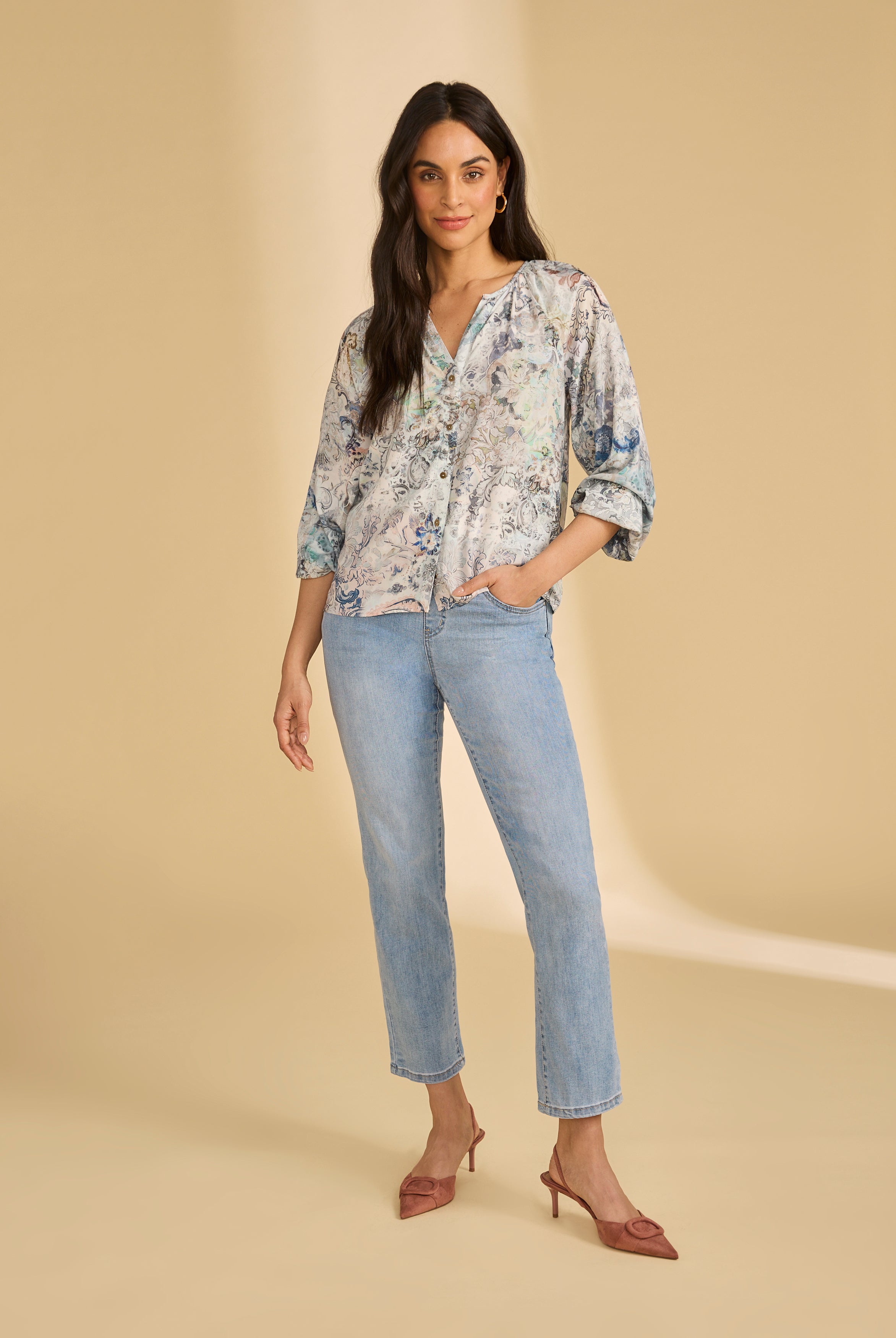 Full view of model wearing Neutral Narnia printed shirt paired with jeans by French Dressing Jeans (FDJ)