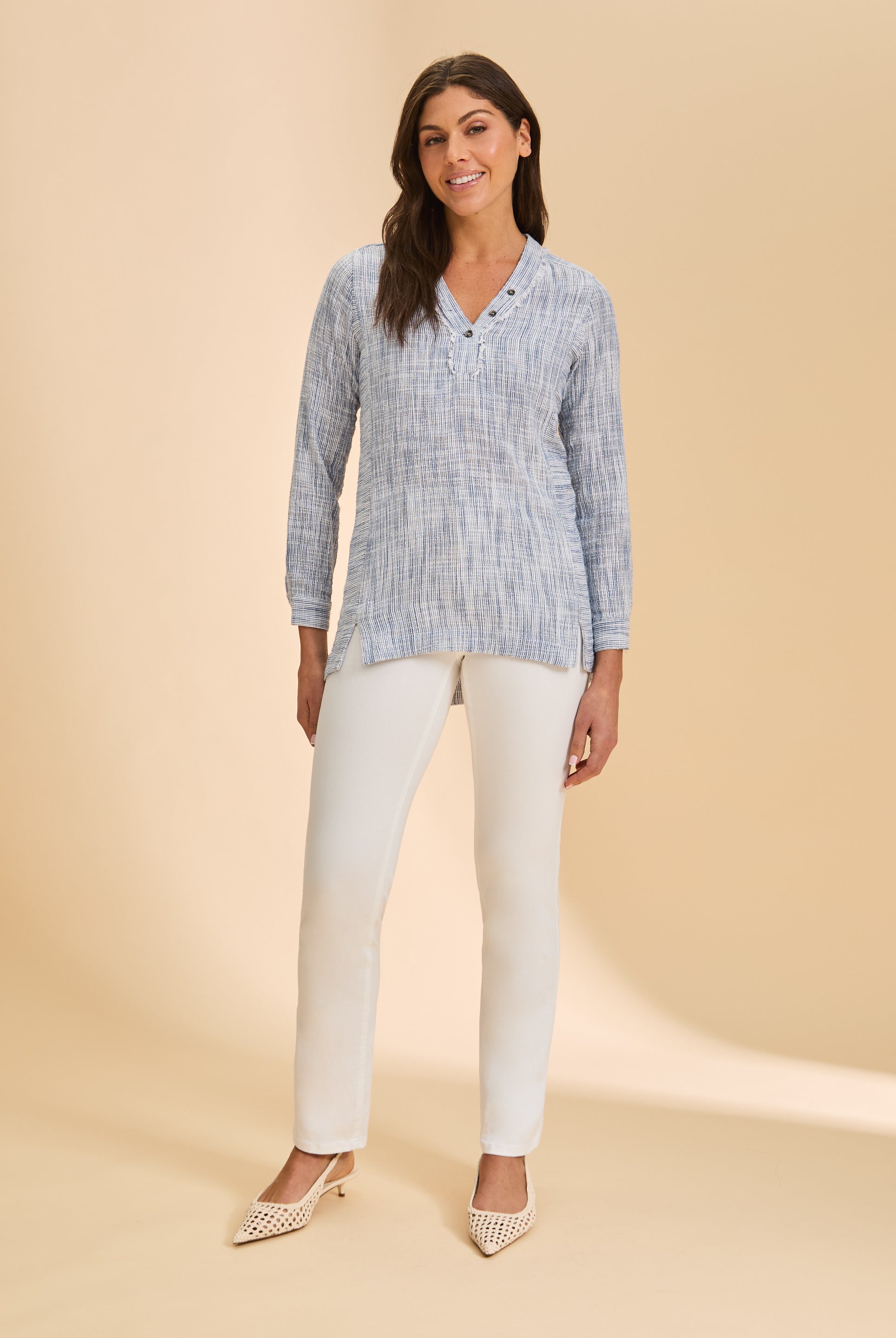 Full view of striped blue tunic with white pants by French Dressing Jeans (FDJ)