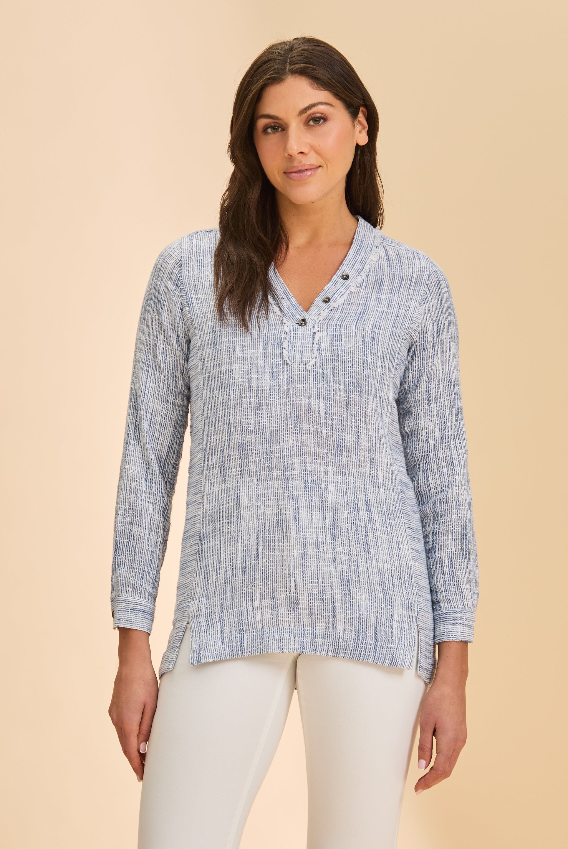 Front view of striped blue tunic with v-neck and button detail by French Dressing Jeans (FDJ)