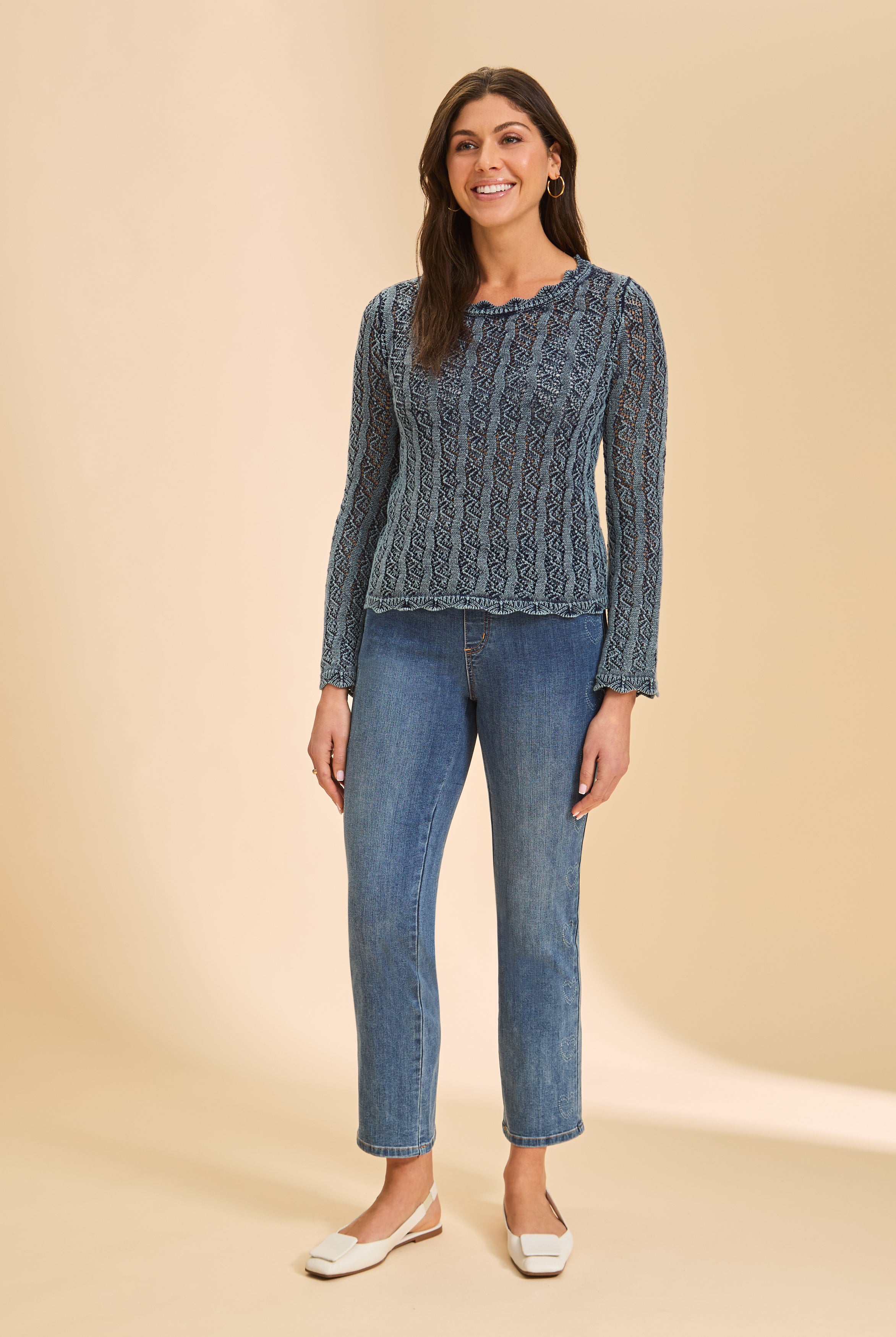 Full view of dark blue lace sweater styled with jeans by French Dressing Jeans (FDJ)