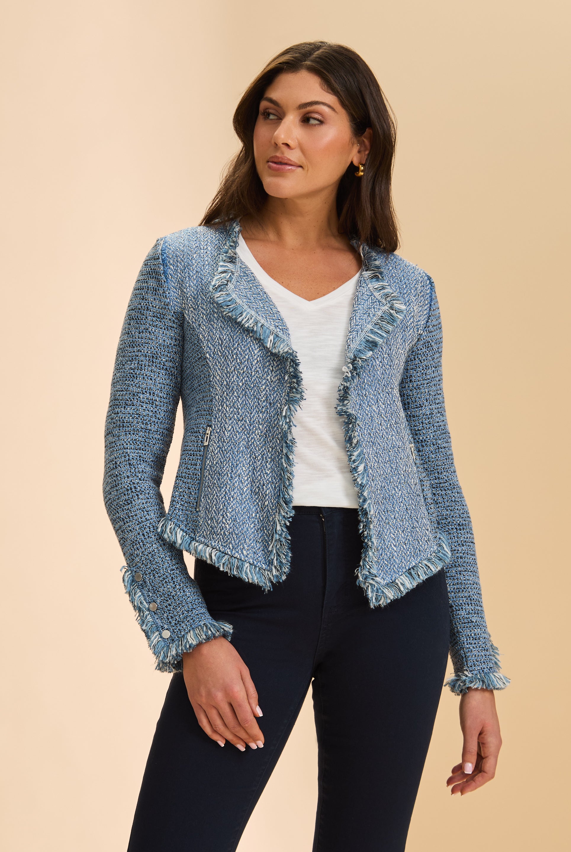 Front view of blue tweed jacket with fringe trim and zip pockets by French Dressing Jeans (FDJ)