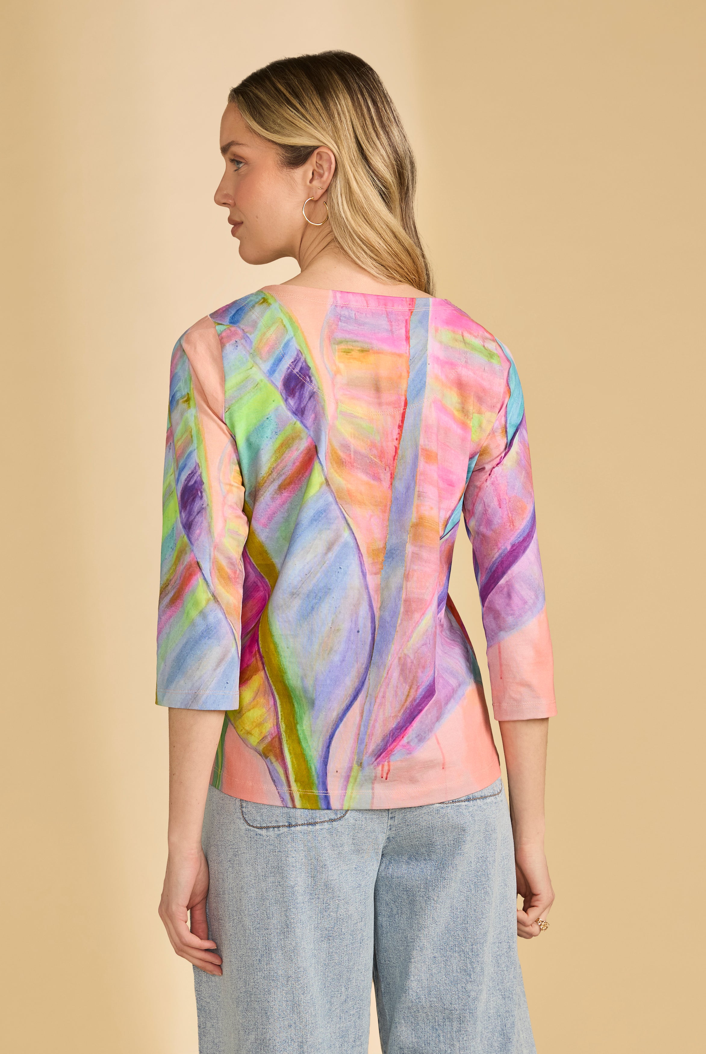 Back view of 3/4 sleeve neon palm top showing vibrant abstract design and relaxed fit by French Dressing Jeans (FDJ)