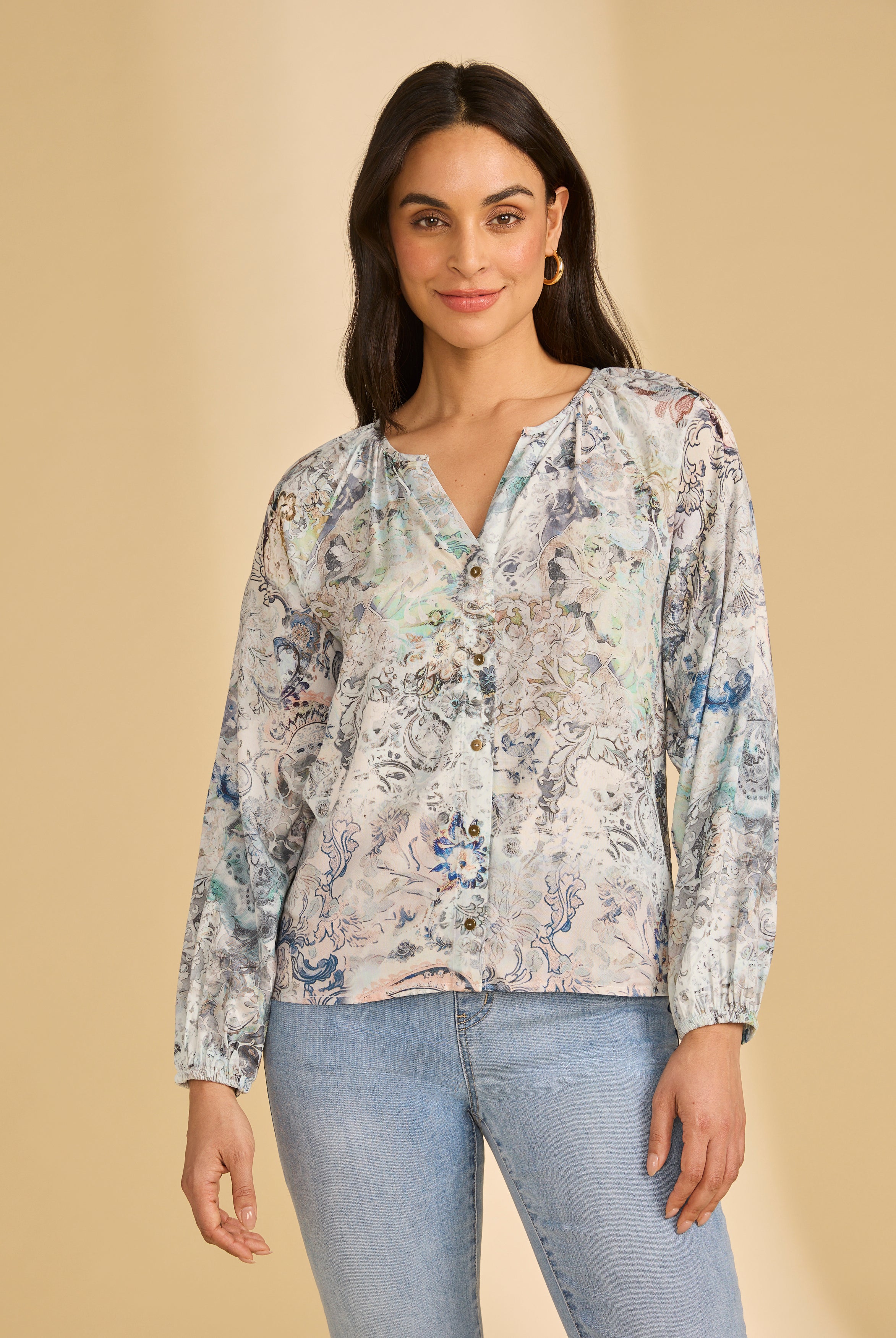 Front view of long sleeve printed shirt in Neutral Narnia with V-neck and buttons by French Dressing Jeans (FDJ)