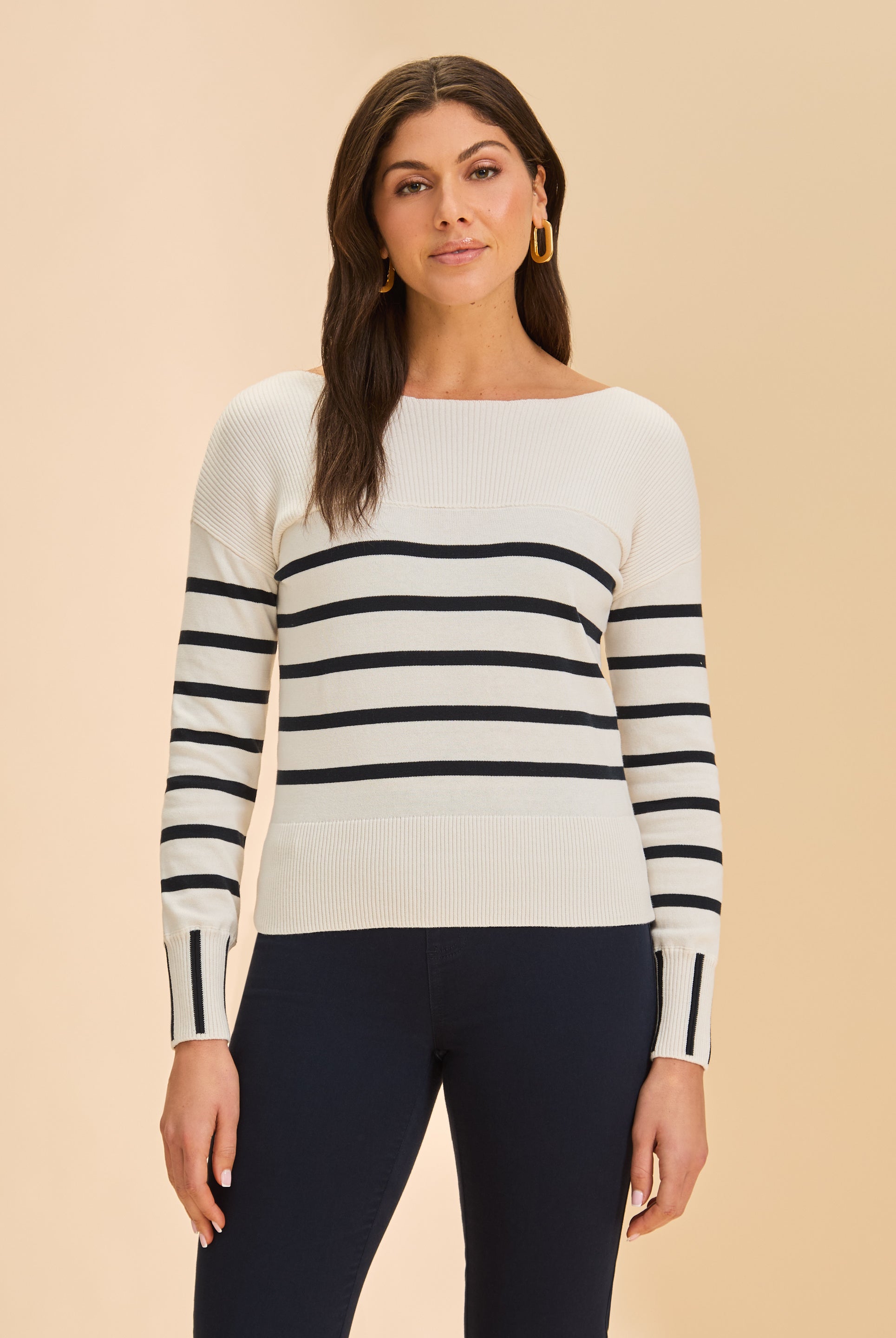 Front view of white/black stripe sweater with boat neck and long sleeves by French Dressing Jeans (FDJ)