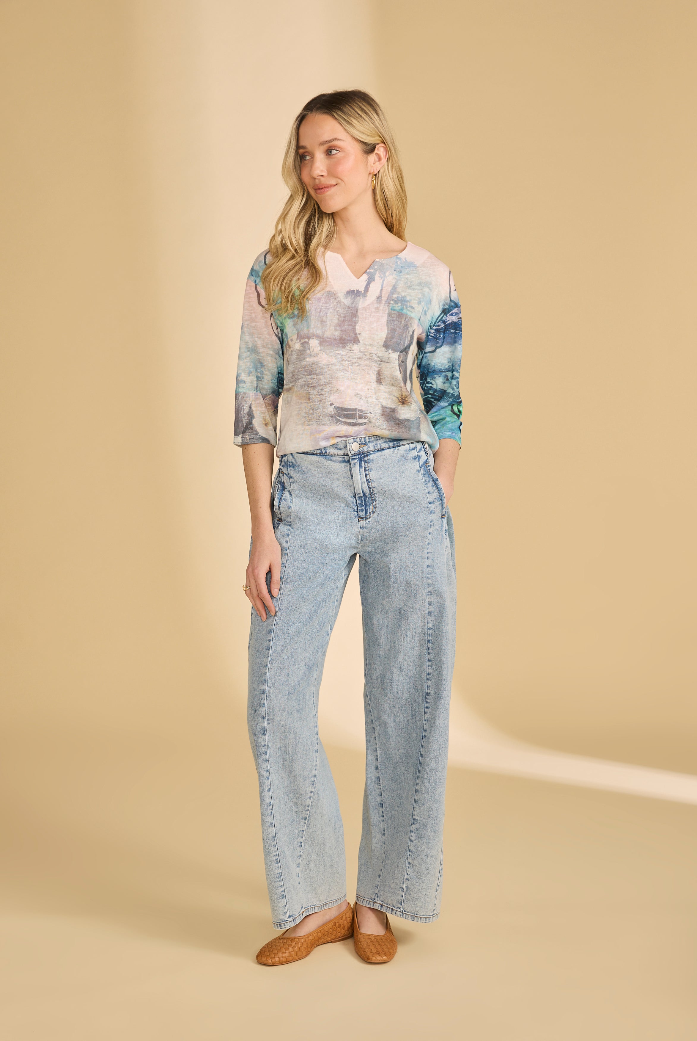 Full view of pastel top paired with light jeans for relaxed style by French Dressing Jeans (FDJ)