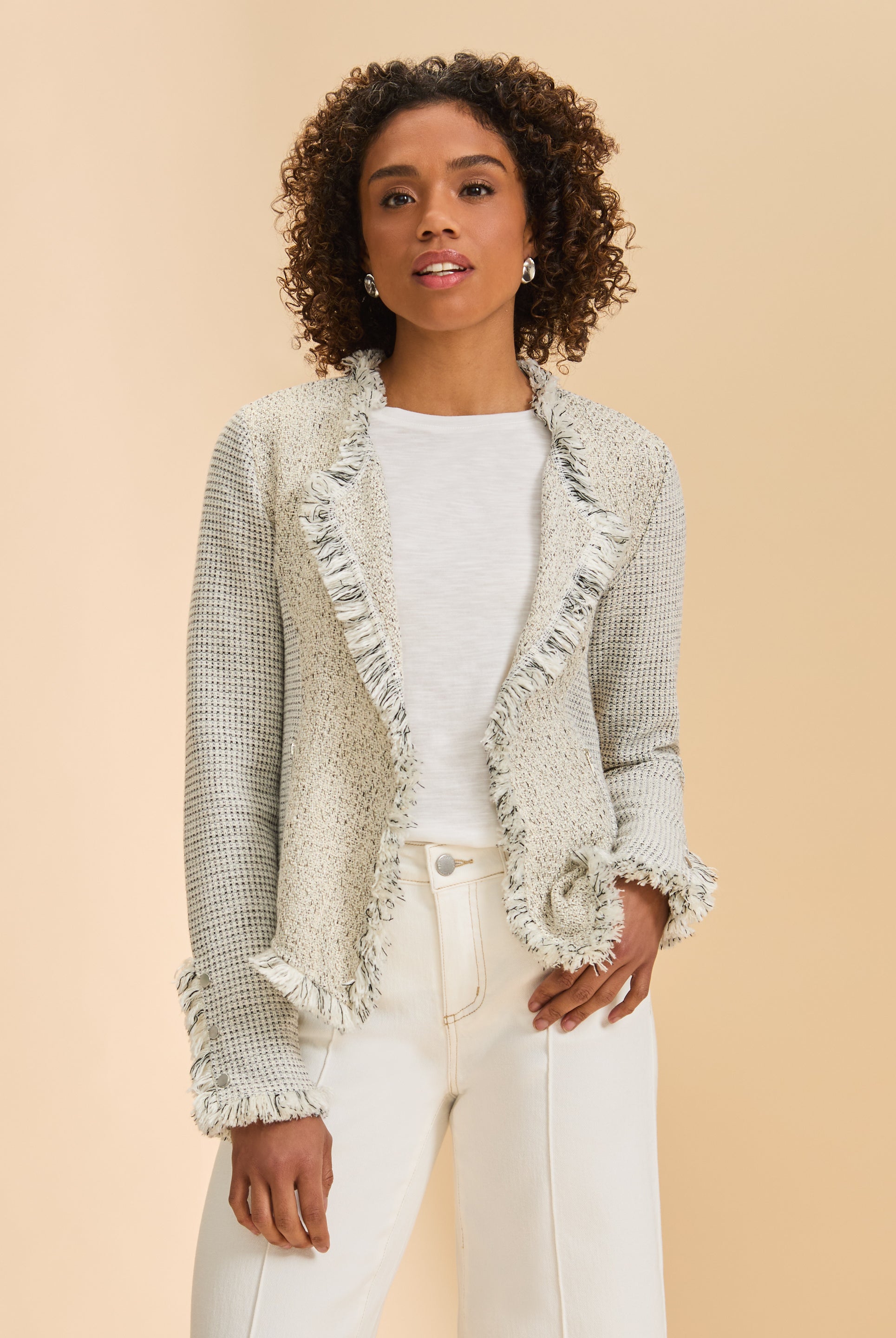 Front view of cream tweed jacket with fringe accents and open style by French Dressing Jeans (FDJ)