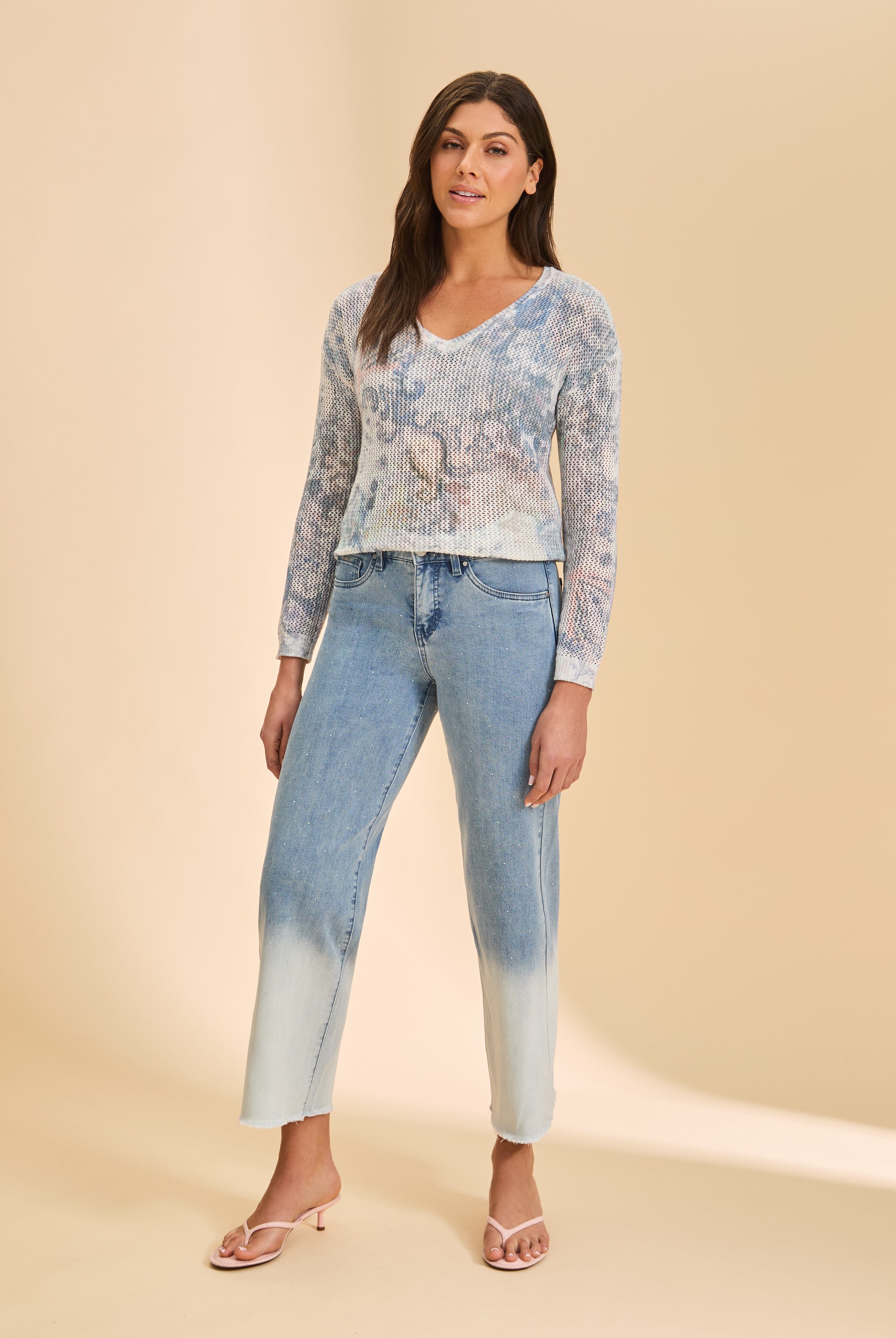Full view of blue mesh floral sweater with gradient jeans by French Dressing Jeans (FDJ)