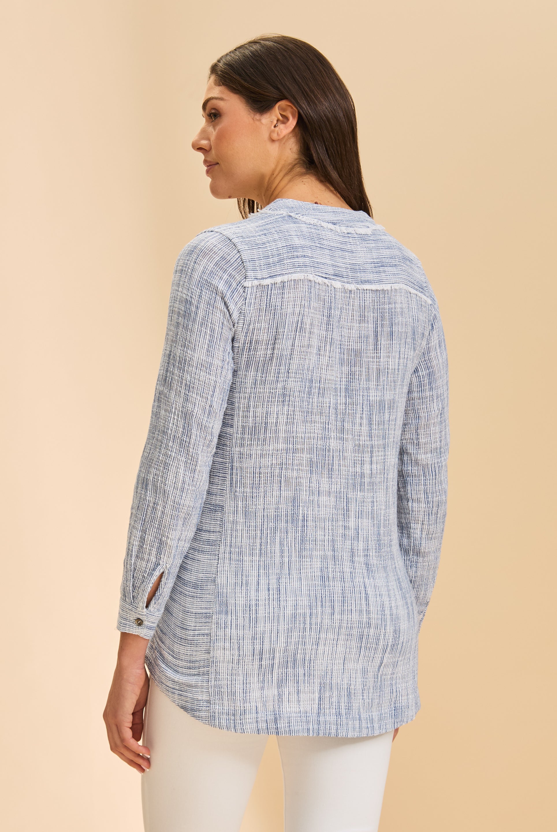 Back view of striped blue tunic showing yoke detail and long sleeves by French Dressing Jeans (FDJ)