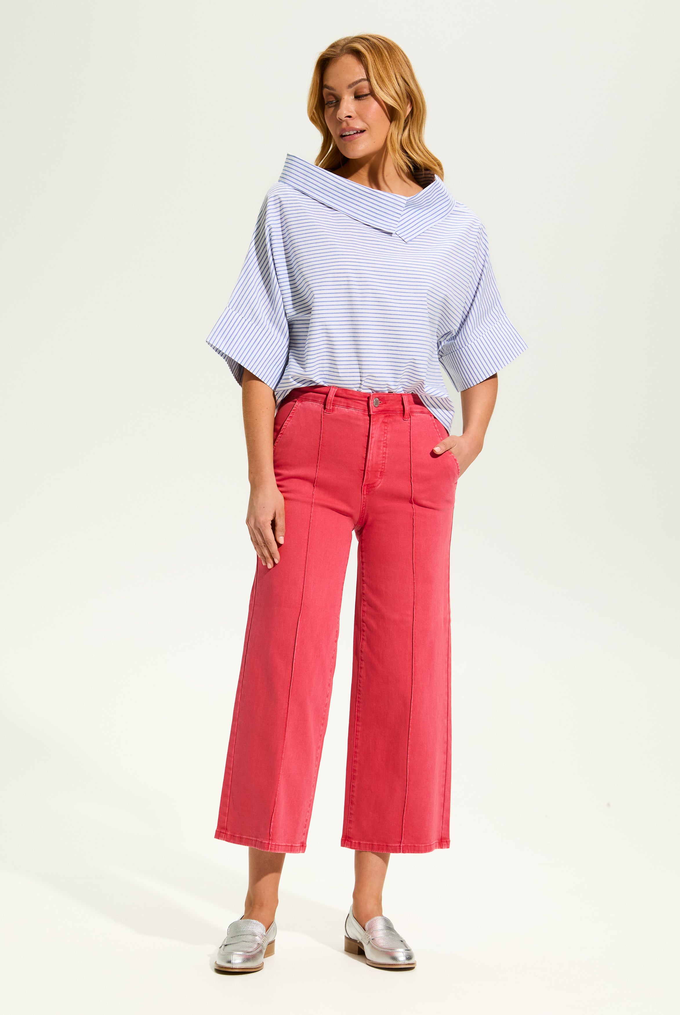 Stripe Poplin Crossover Neck Top