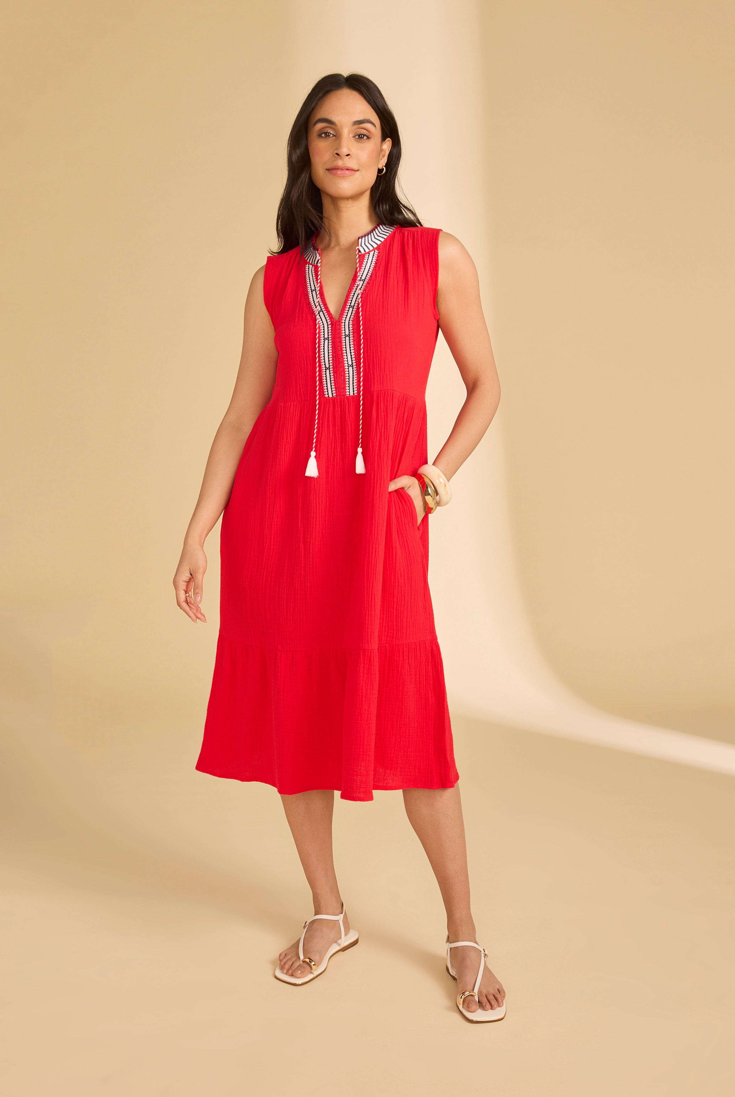 Front view of lava red midi dress with V-neckline and side seam pockets by French Dressing Jeans (FDJ)
