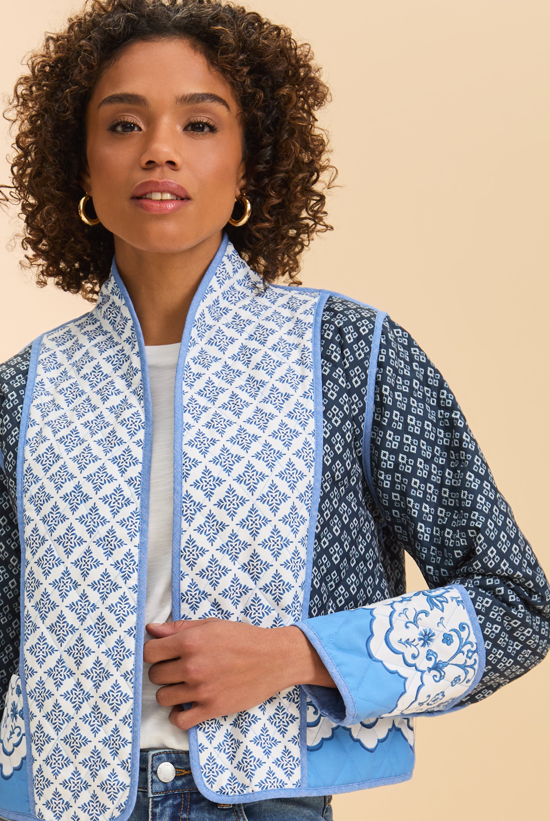 Close-up of quilted jacket's intricate pattern and stitching details by French Dressing Jeans (FDJ)