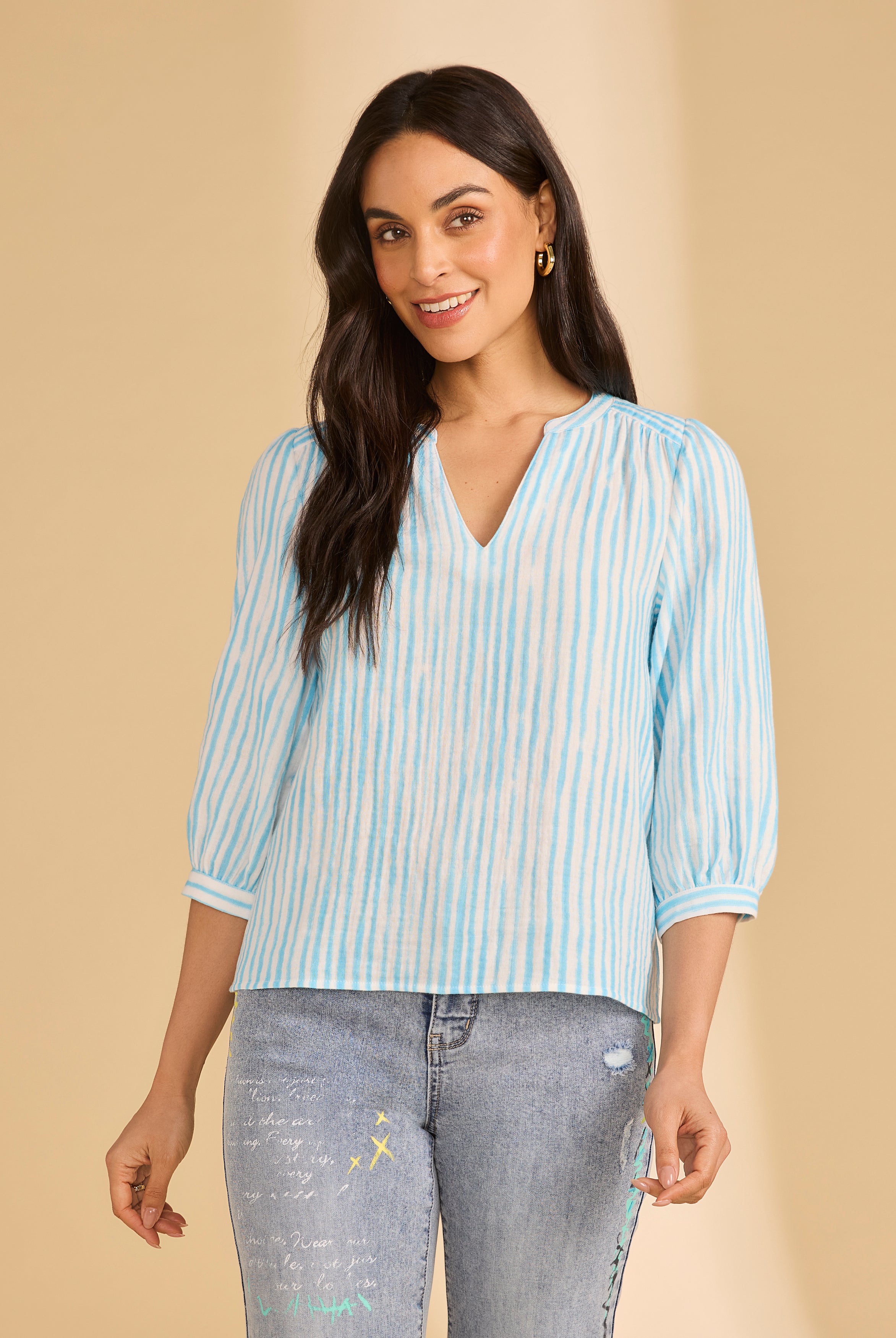 Front view of light blue striped blouse with V-neck and 3/4 sleeves by French Dressing Jeans (FDJ)