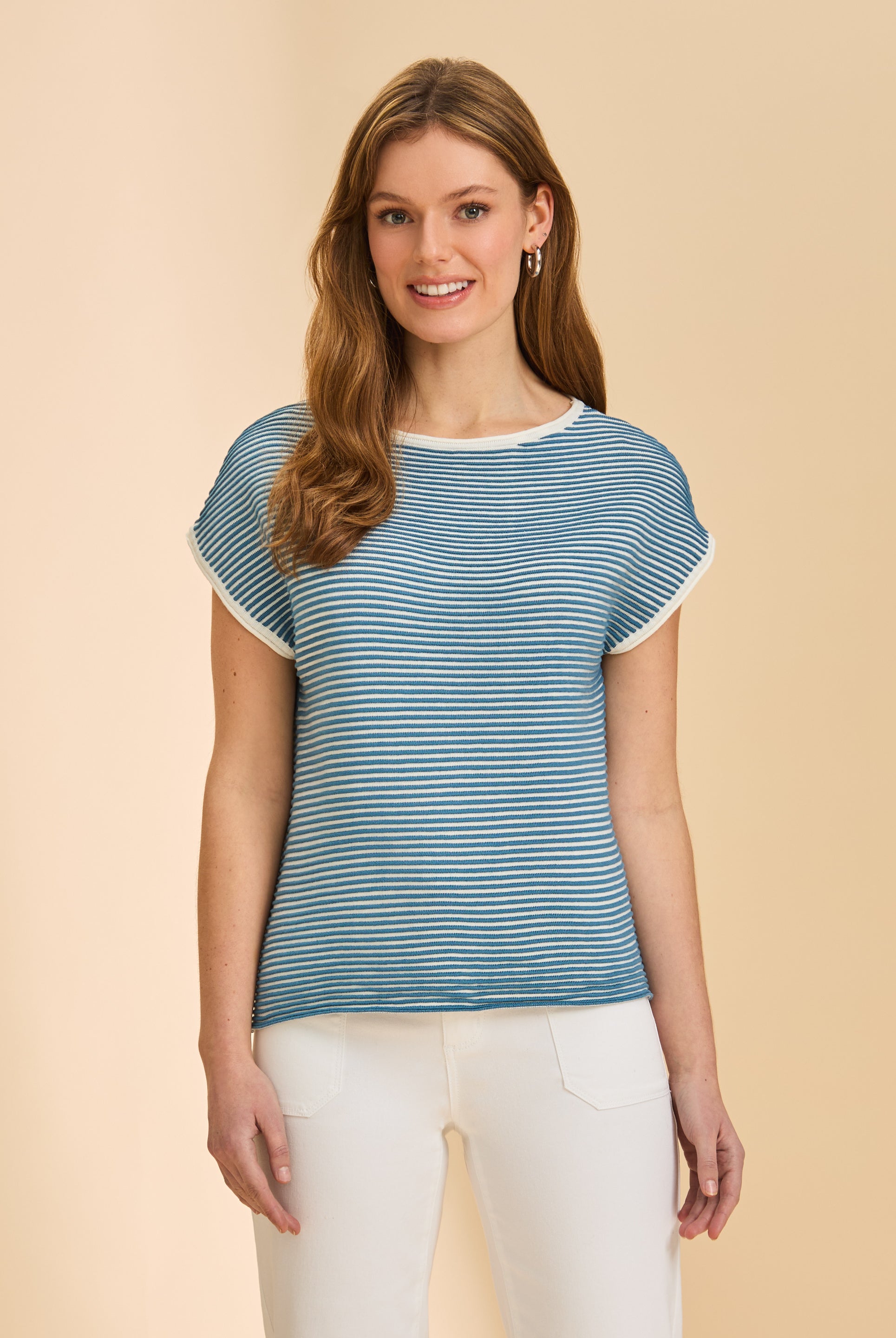 Front view of blue and white stripe sweater with cap sleeves by French Dressing Jeans (FDJ)