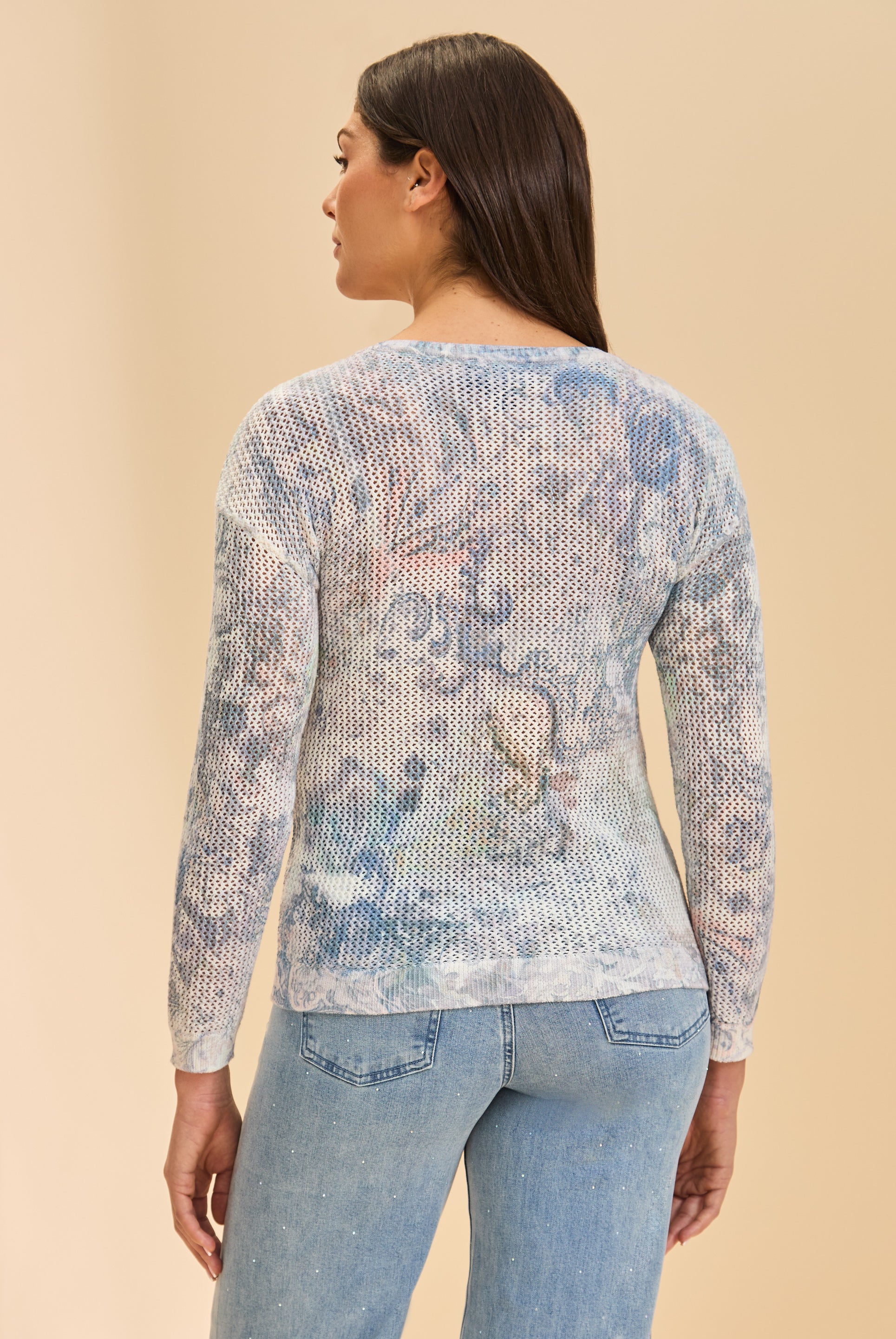 Back view of blue mesh floral sweater showcasing lightweight fabric by French Dressing Jeans (FDJ)