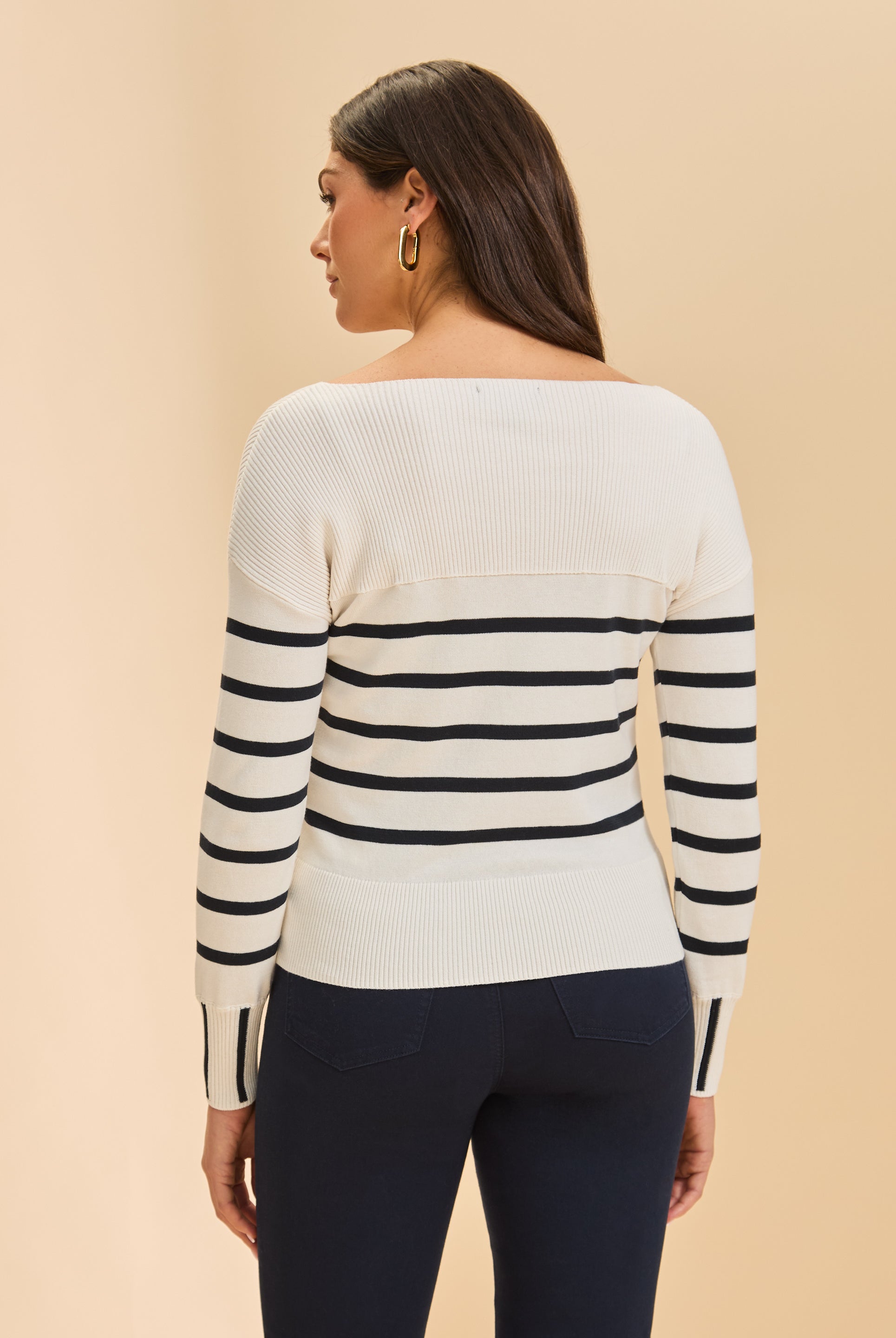 Back view of white/black stripe sweater showing stripe pattern by French Dressing Jeans (FDJ)