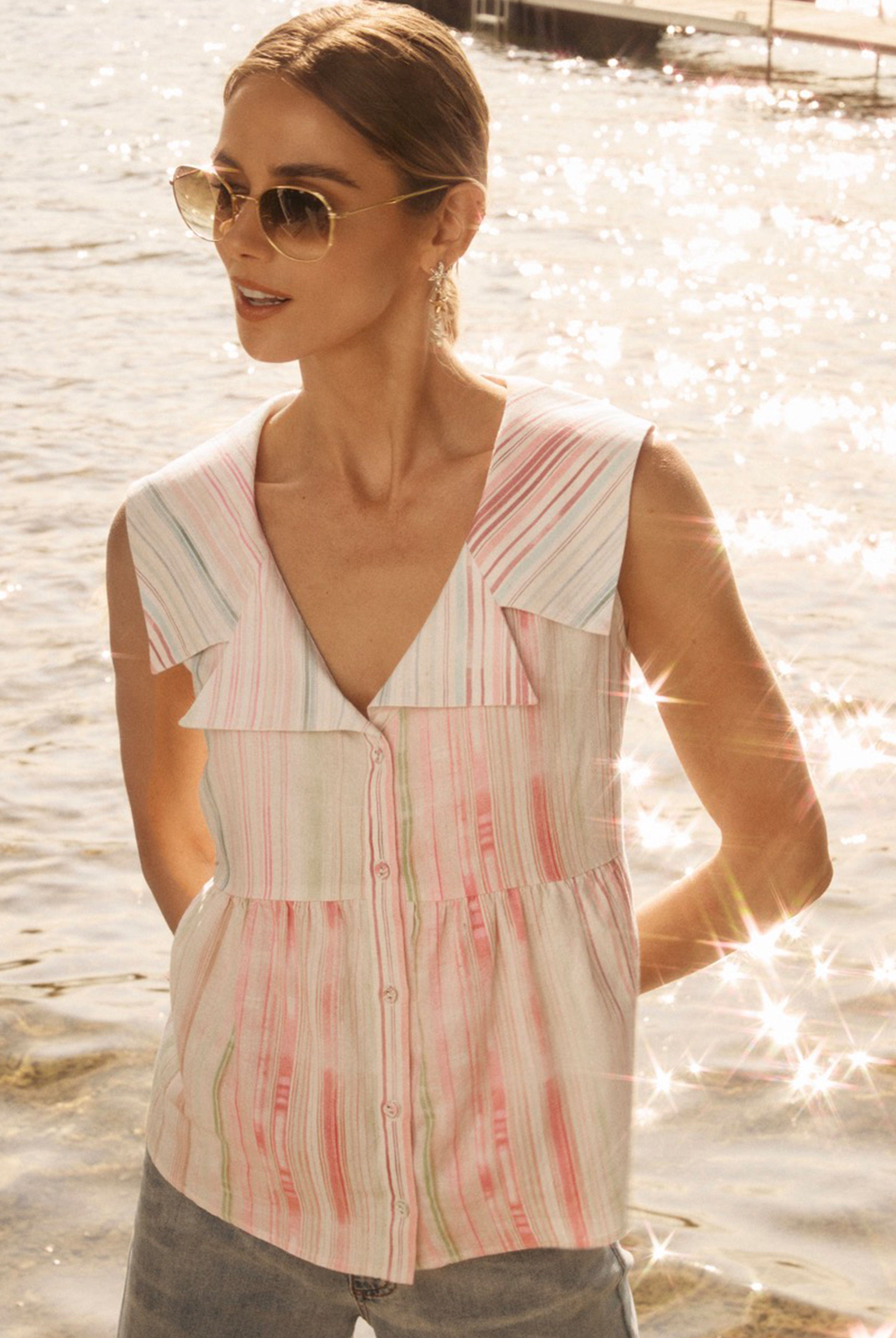 Close-up of woman in Spritz Stripes printed shirt with V-neck, outdoors by French Dressing Jeans (FDJ)
