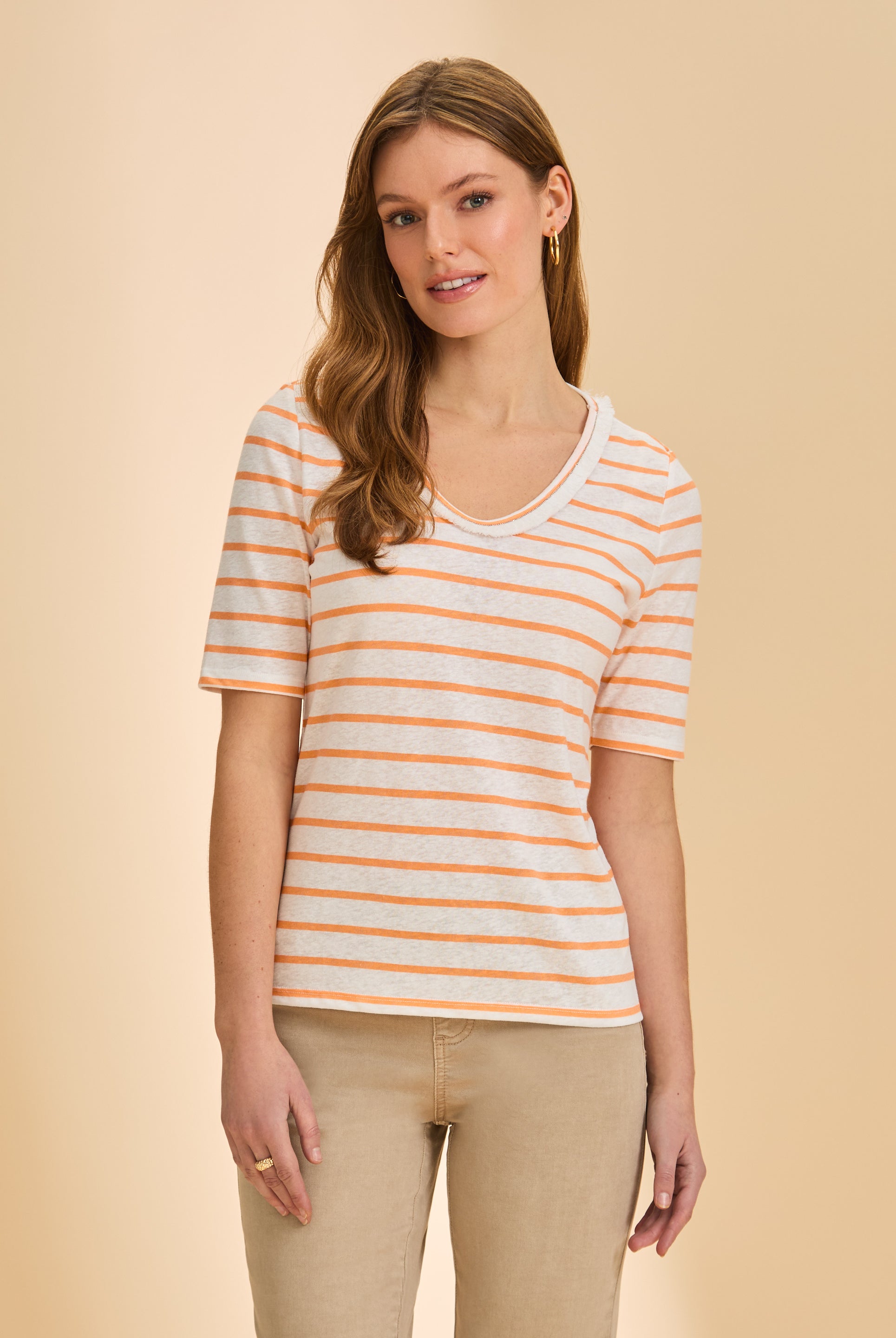 Front view of orange striped V-neck short sleeve top with classic fit by French Dressing Jeans (FDJ)