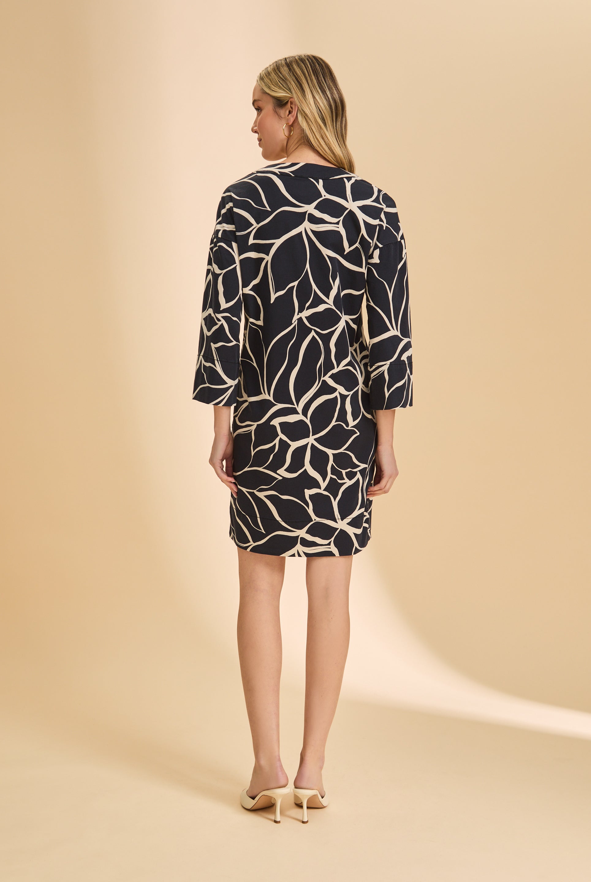 Back view of navy/white pattern dress showing back design by French Dressing Jeans (FDJ)