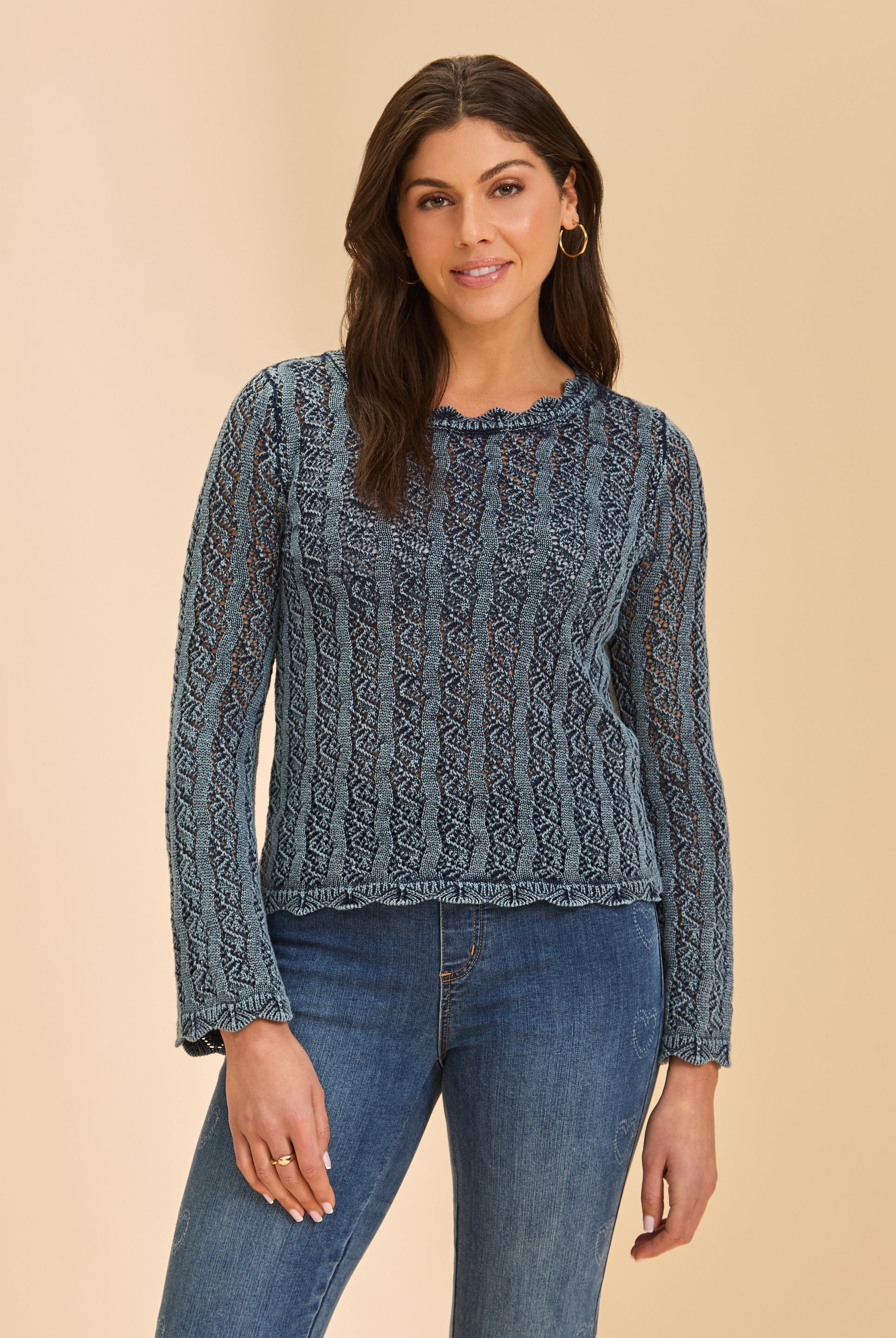 Front view of dark blue lace sweater with long sleeves by French Dressing Jeans (FDJ)
