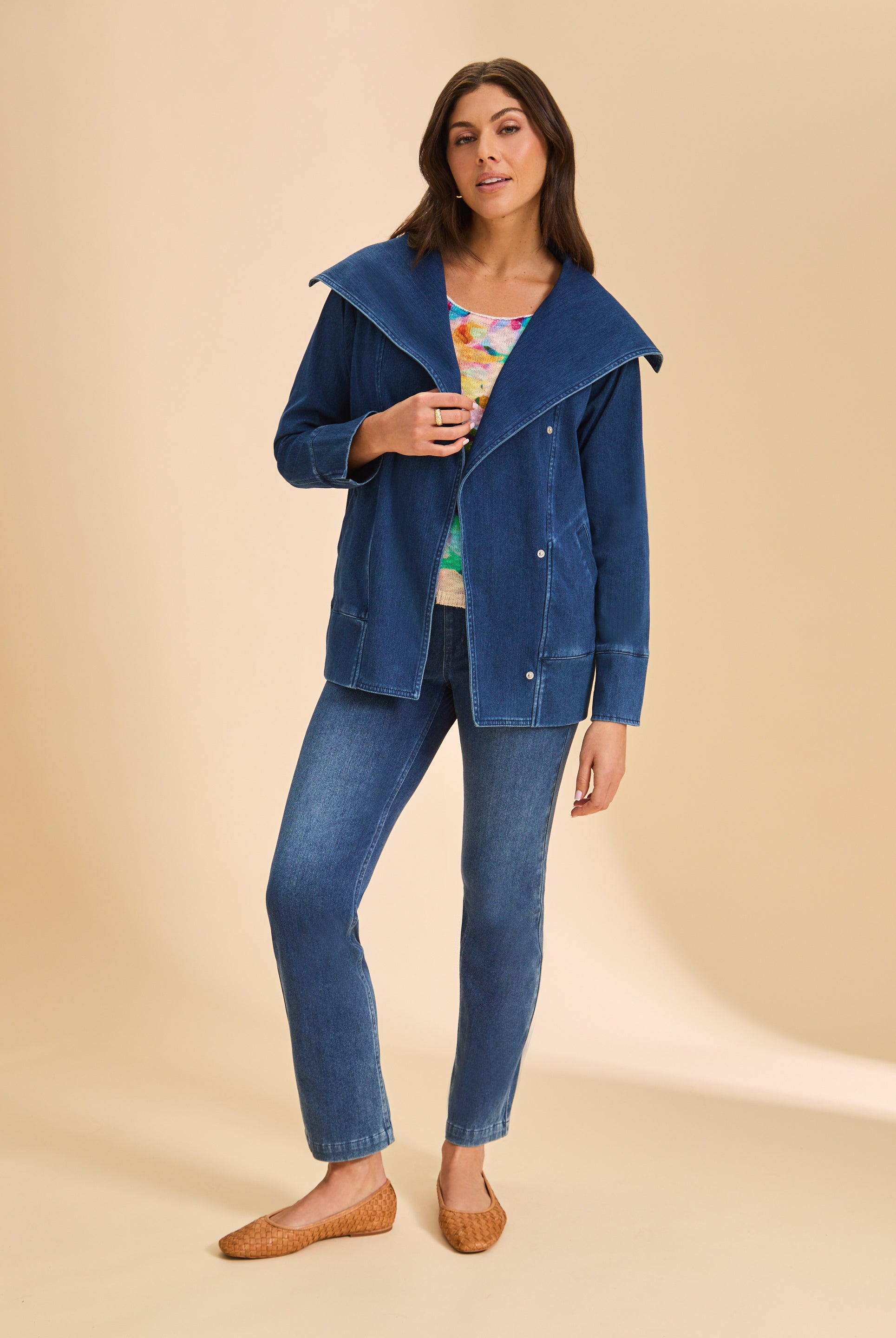 Full view of blue denim jacket paired with jeans, showcasing casual style by French Dressing Jeans (FDJ)