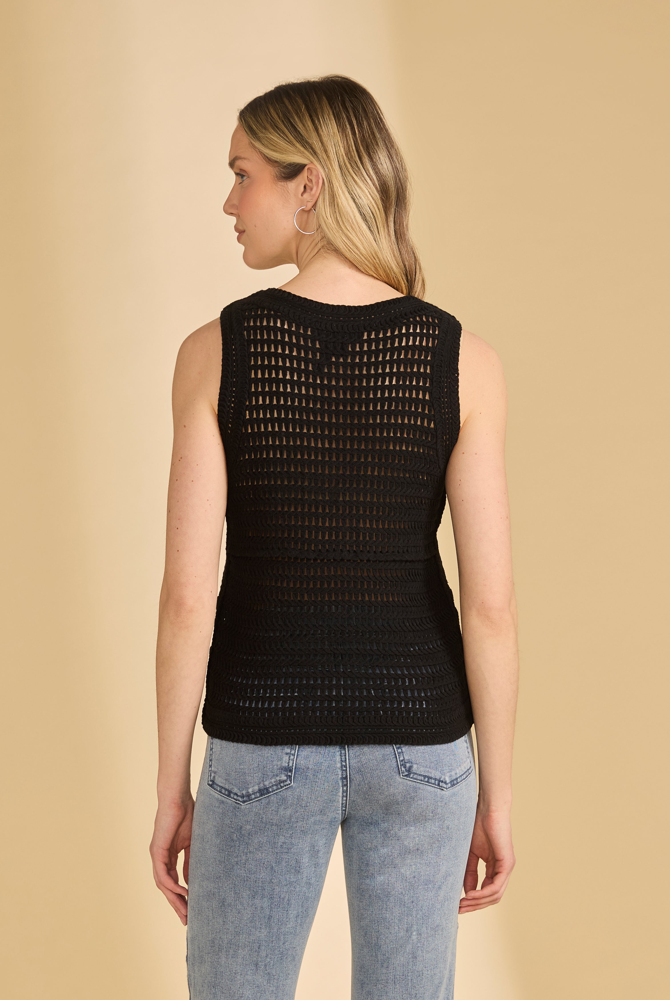 Back view of black crochet tank showing open knit detailing by French Dressing Jeans (FDJ)