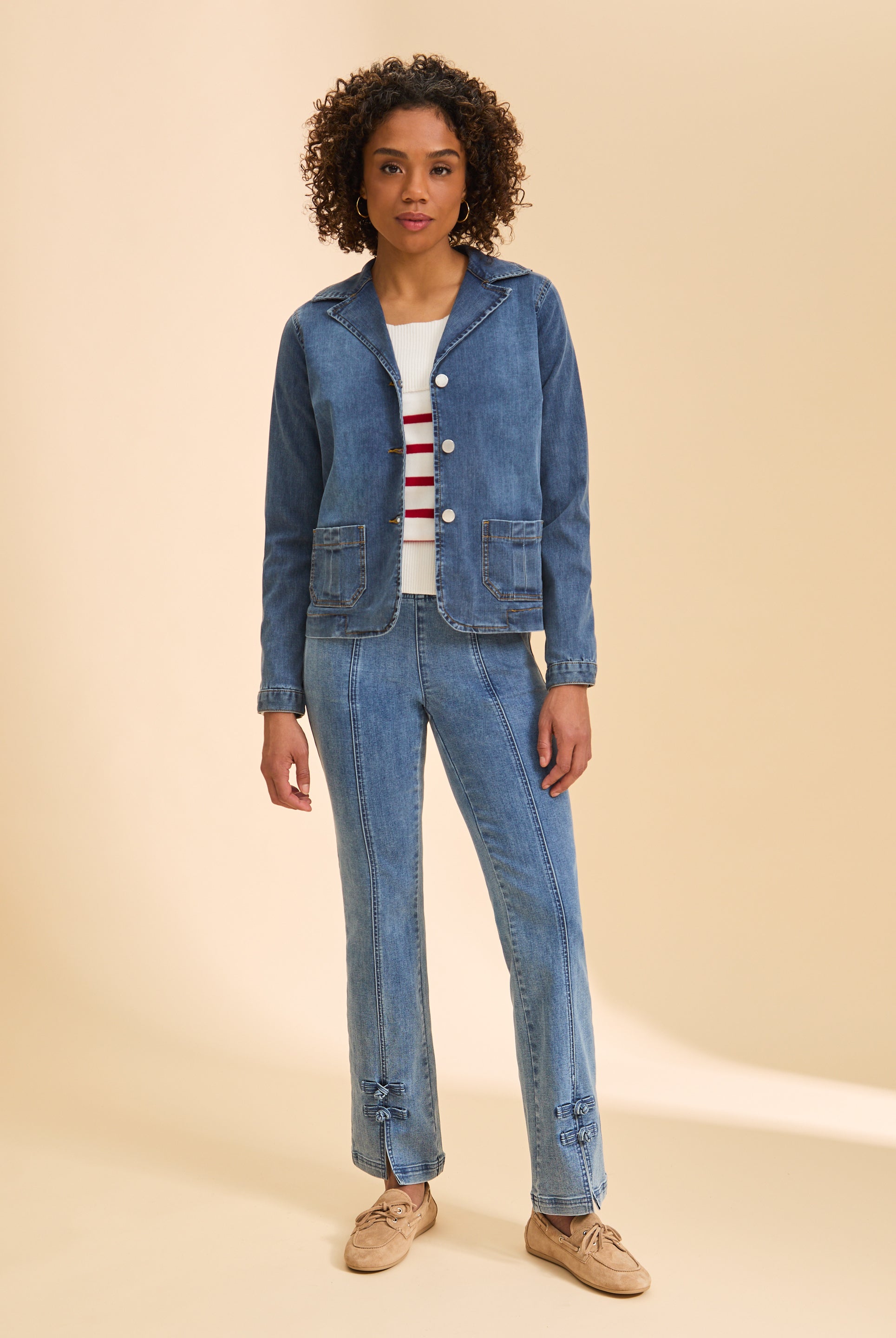 Full body view of denim blazer jacket with mid-rise jeans and casual shoes by French Dressing Jeans (FDJ)