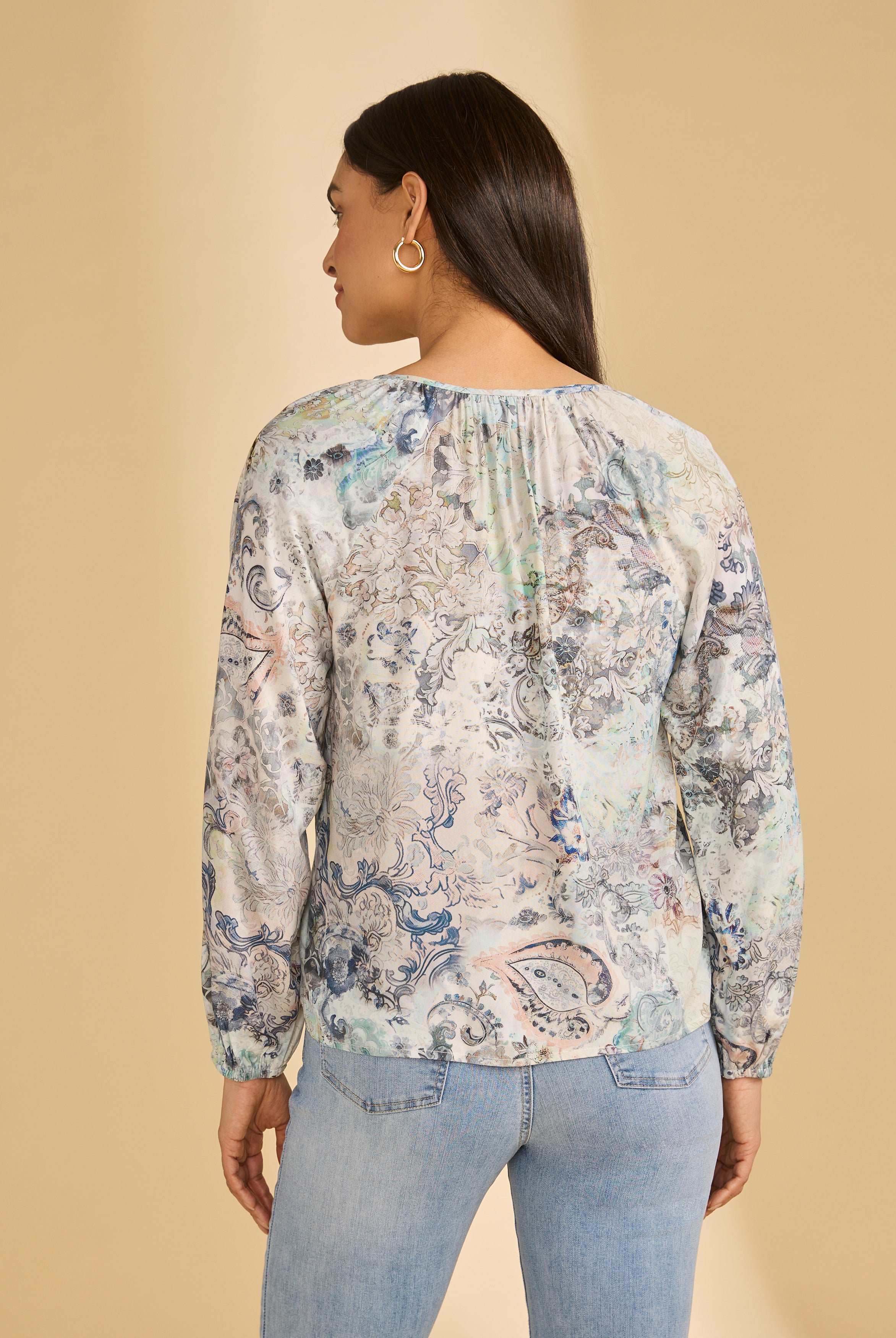 Back view of Neutral Narnia printed shirt highlighting flowing fabric and design by French Dressing Jeans (FDJ)