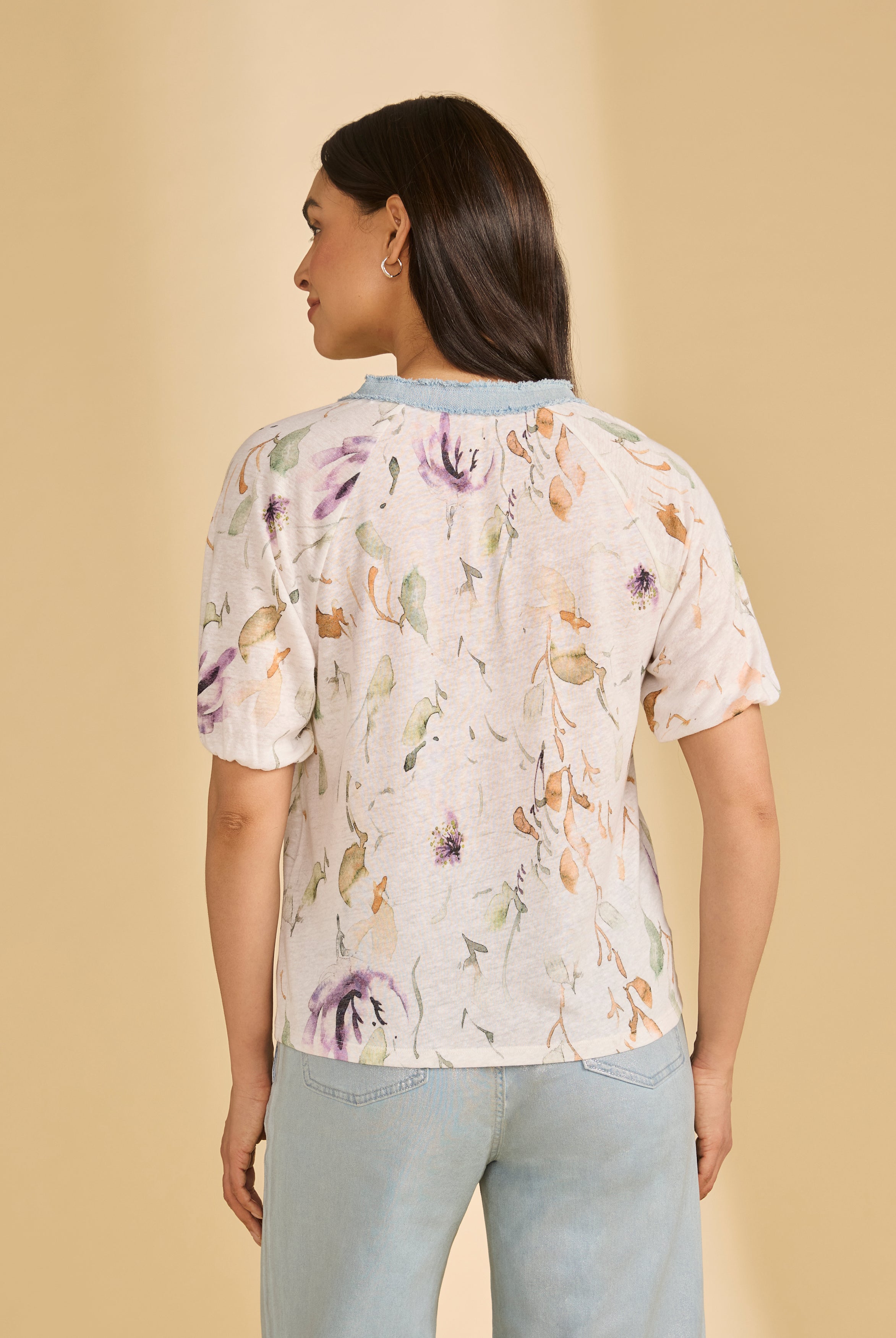 Back view of 3/4 sleeve embellished top in Delicate highlighting floral pattern and soft knit fabric by French Dressing Jeans (FDJ)