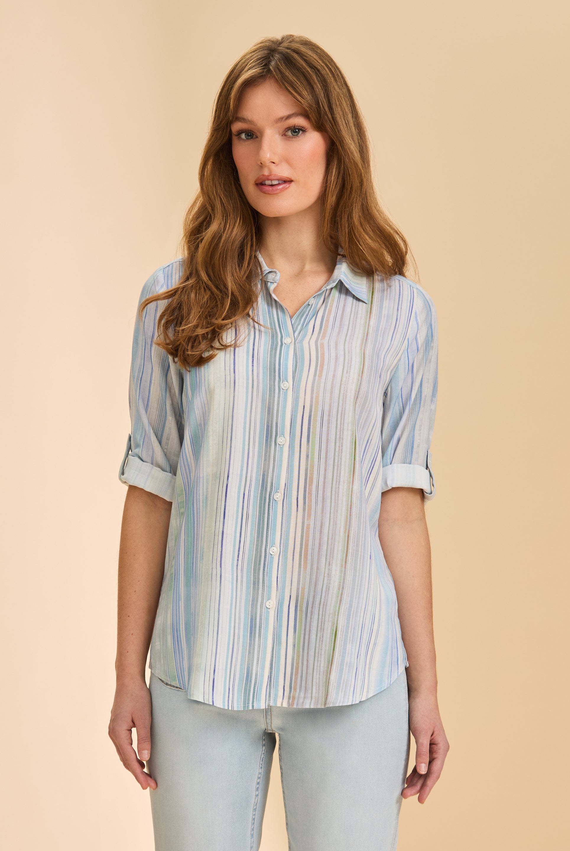 Front view of pastel striped shirt with button detail by French Dressing Jeans (FDJ)