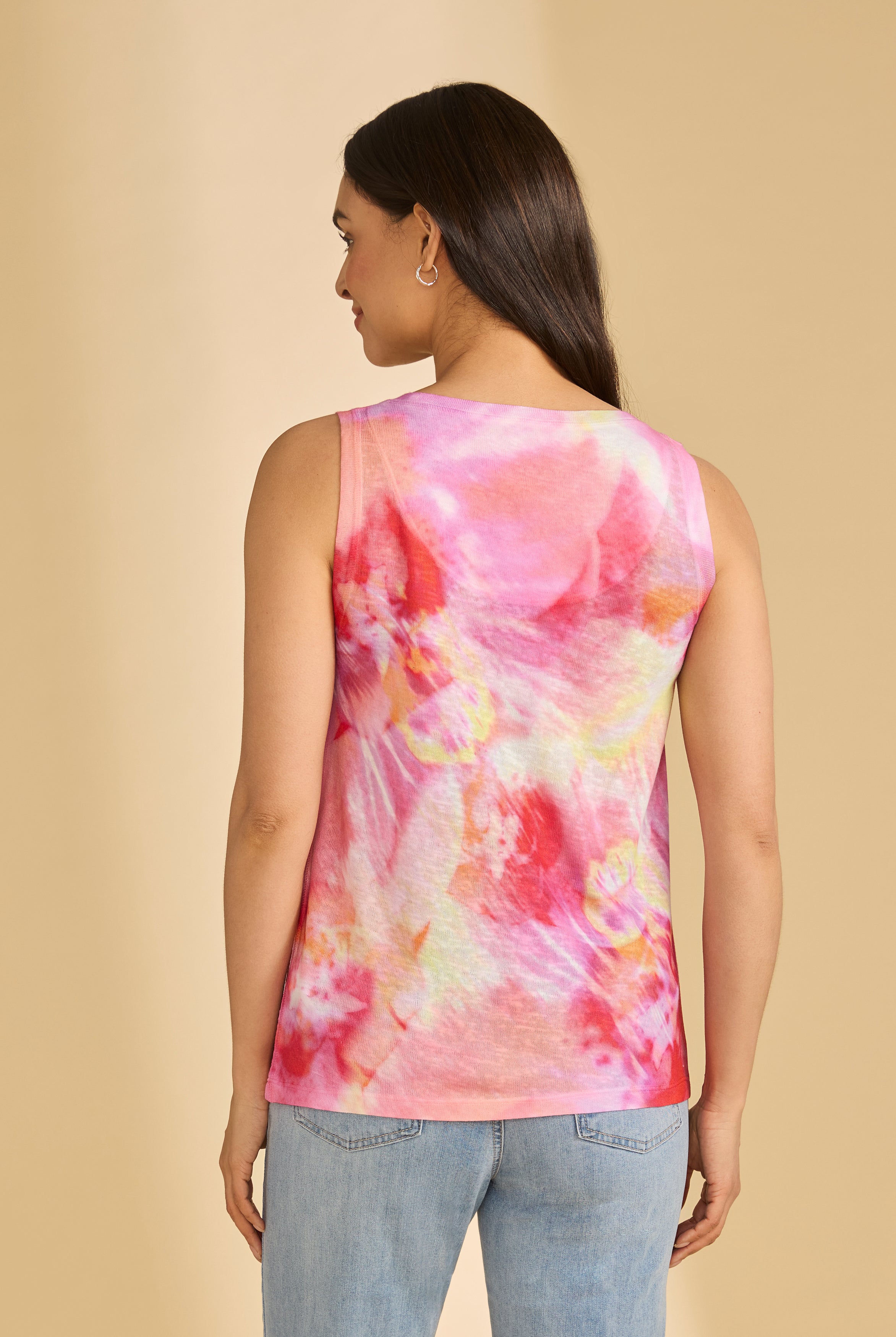 Back view of pink tie-dye sleeveless top showing colorful print by French Dressing Jeans (FDJ)