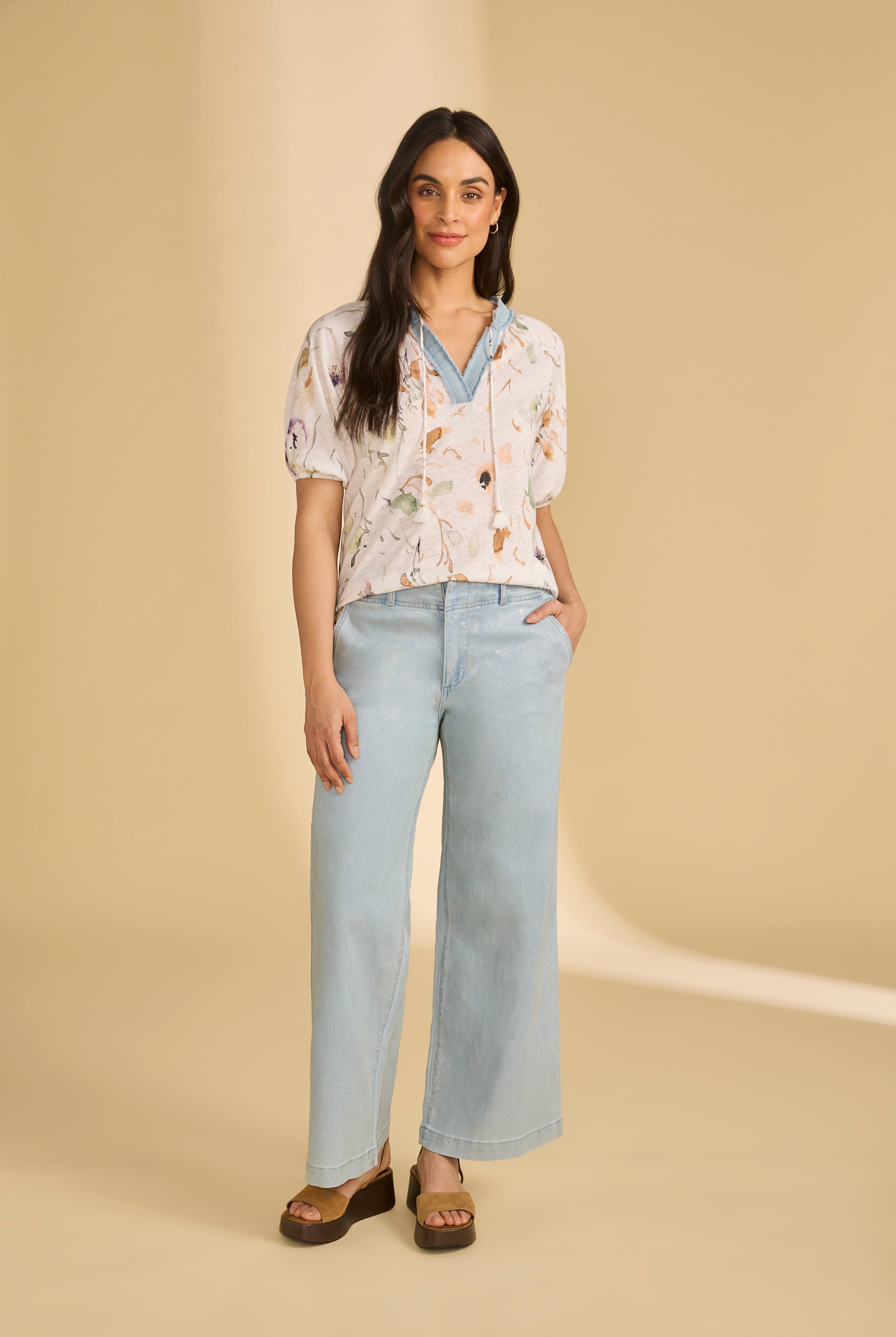 Full body view of 3/4 sleeve embellished top in Delicate paired with light jeans showcasing relaxed fit by French Dressing Jeans (FDJ)