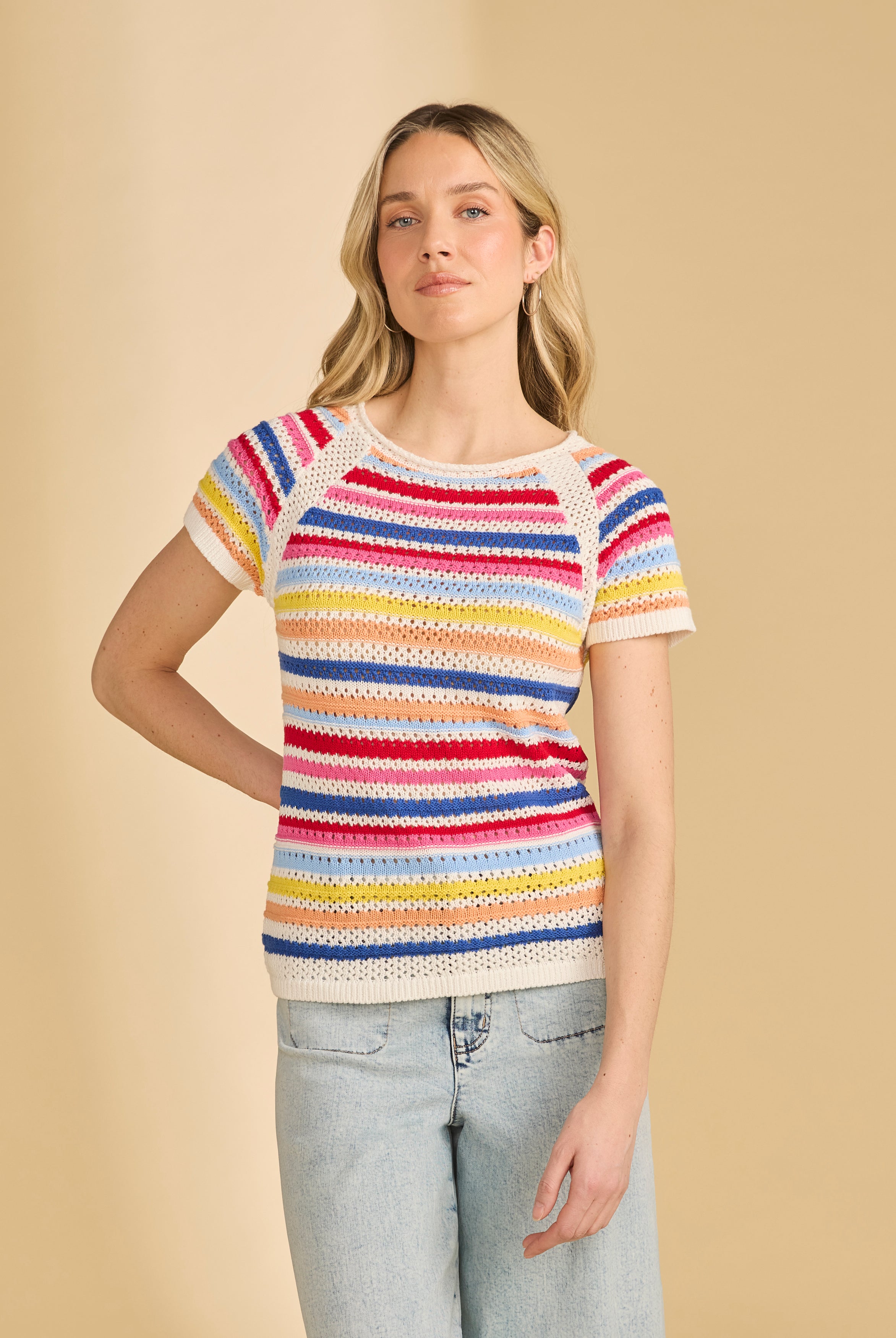 Front view of cap sleeve stripe sweater in multi-color with crew neck by French Dressing Jeans (FDJ)